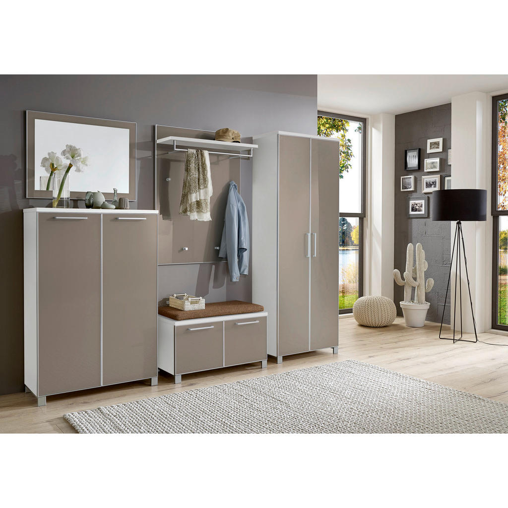 Thumbnail - Xxxl Garderobe Santina, Weiß, Taupe, Hellbraun, Glas, Textil, Holzwerkstoff, 6-teilig, 260x193x40 cm, Goldenes M, Made i...
