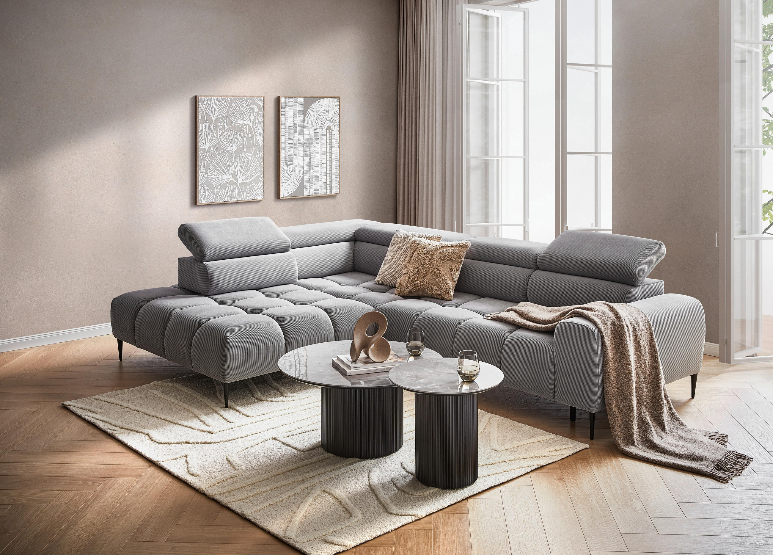 SJEDEĆA GARNITURA tekstil siva - siva/crna, Moderno, tekstil/metal (216/300cm) - Modern Living