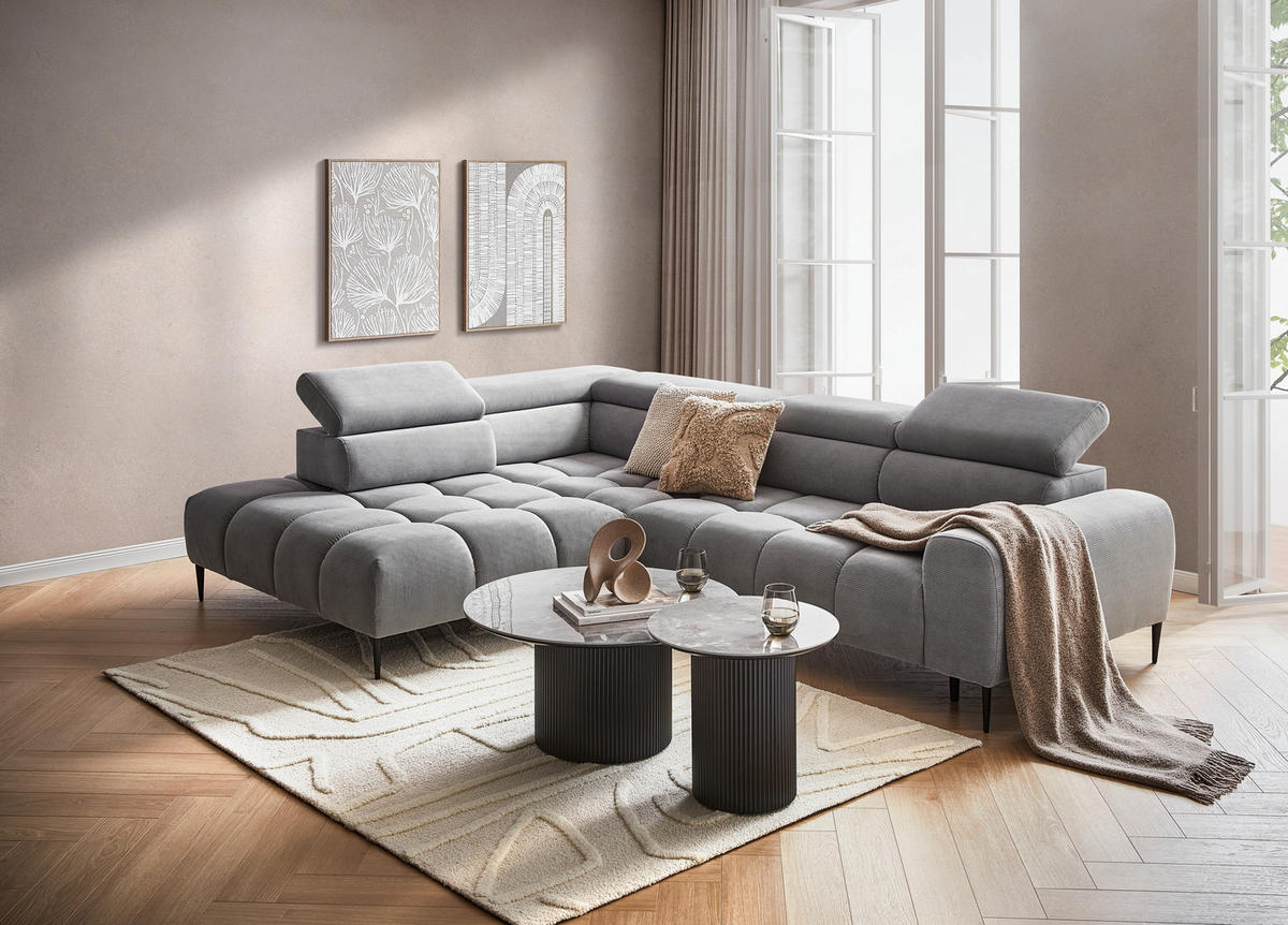 WOHNLANDSCHAFT Grau Cord  - Schwarz/Grau, MODERN, Textil/Metall (216/300cm) - Welnova