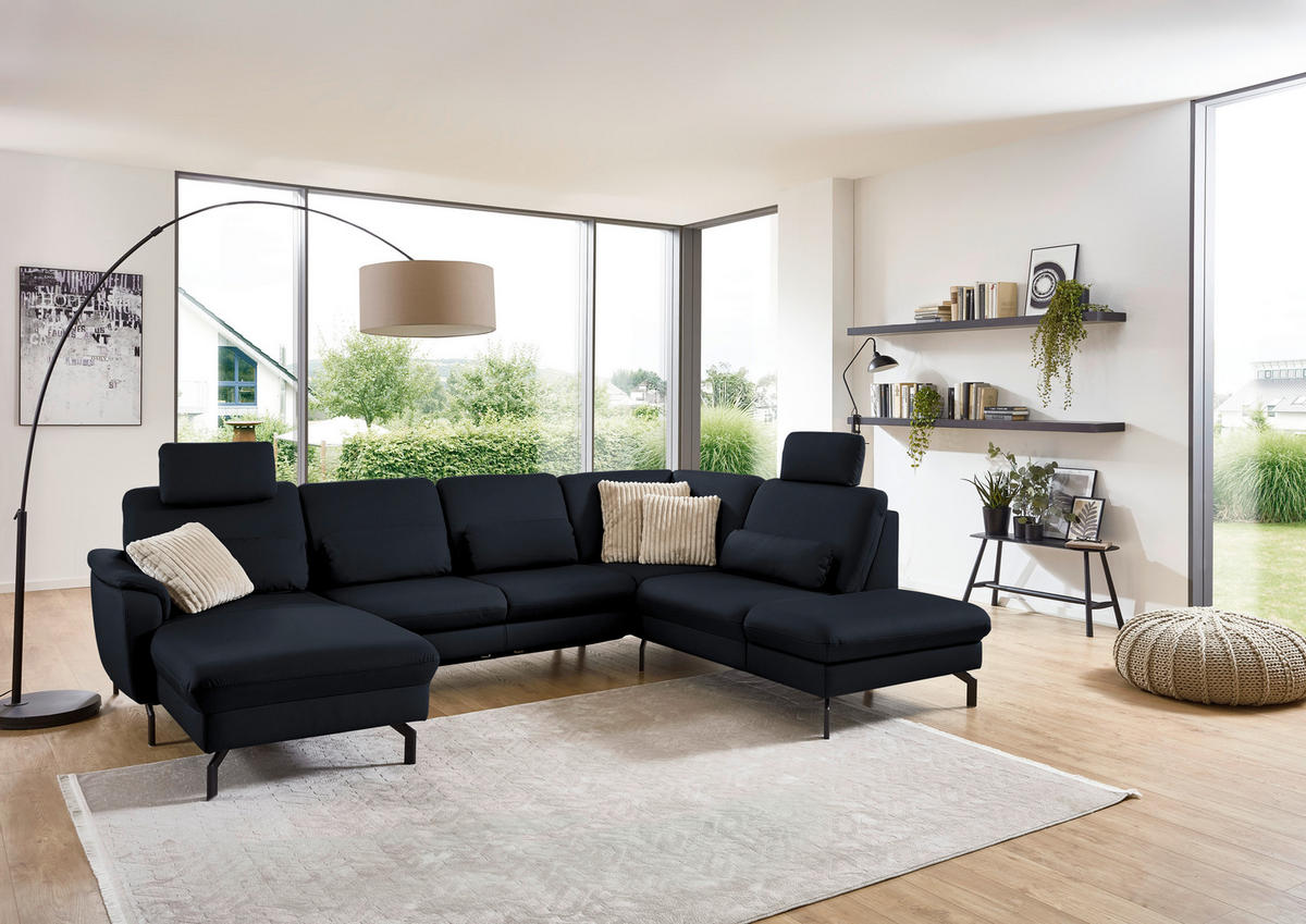 WOHNLANDSCHAFT Echtleder Dunkelblau  - Schwarz/Dunkelblau, Konventionell, Leder/Metall (168/306/224cm) - Beldomo Premium