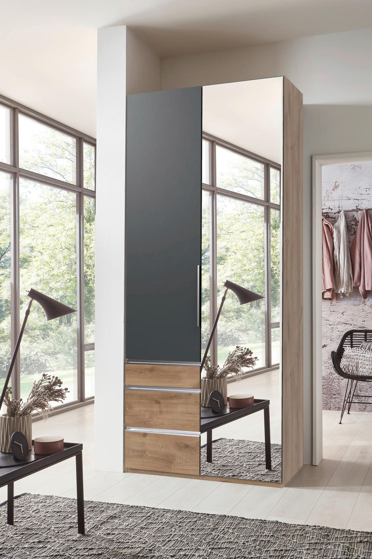 DREHTÜRENSCHRANK Graphitfarben, Plankeneiche  - Chromfarben/Plankeneiche, Konventionell, Glas/Holzwerkstoff (100/236/58cm) - MID.YOU