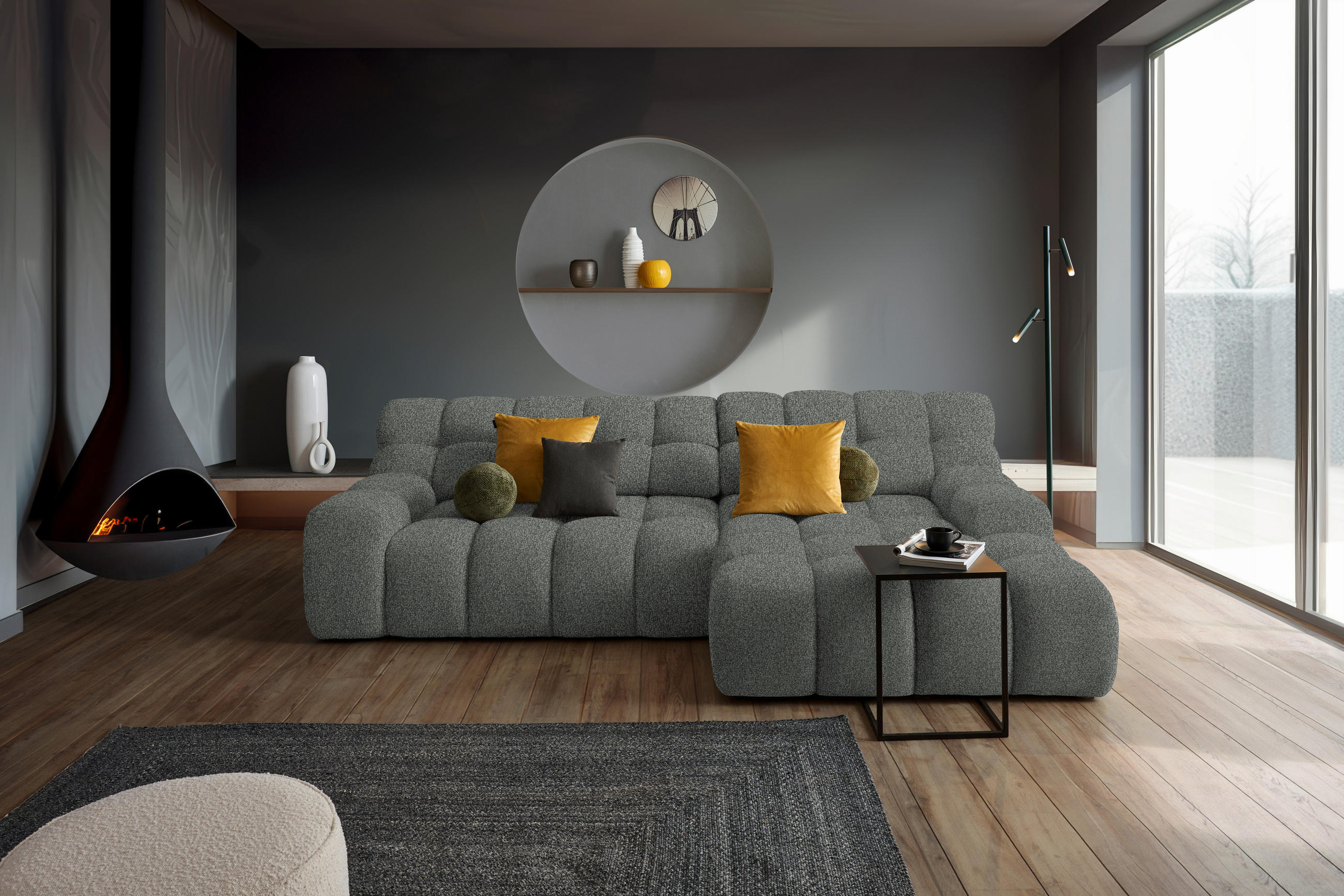 ECKSOFA in Webstoff Dunkelgrau  - Dunkelgrau/Schwarz, Modern, Kunststoff/Textil (297/180cm) - Welnova