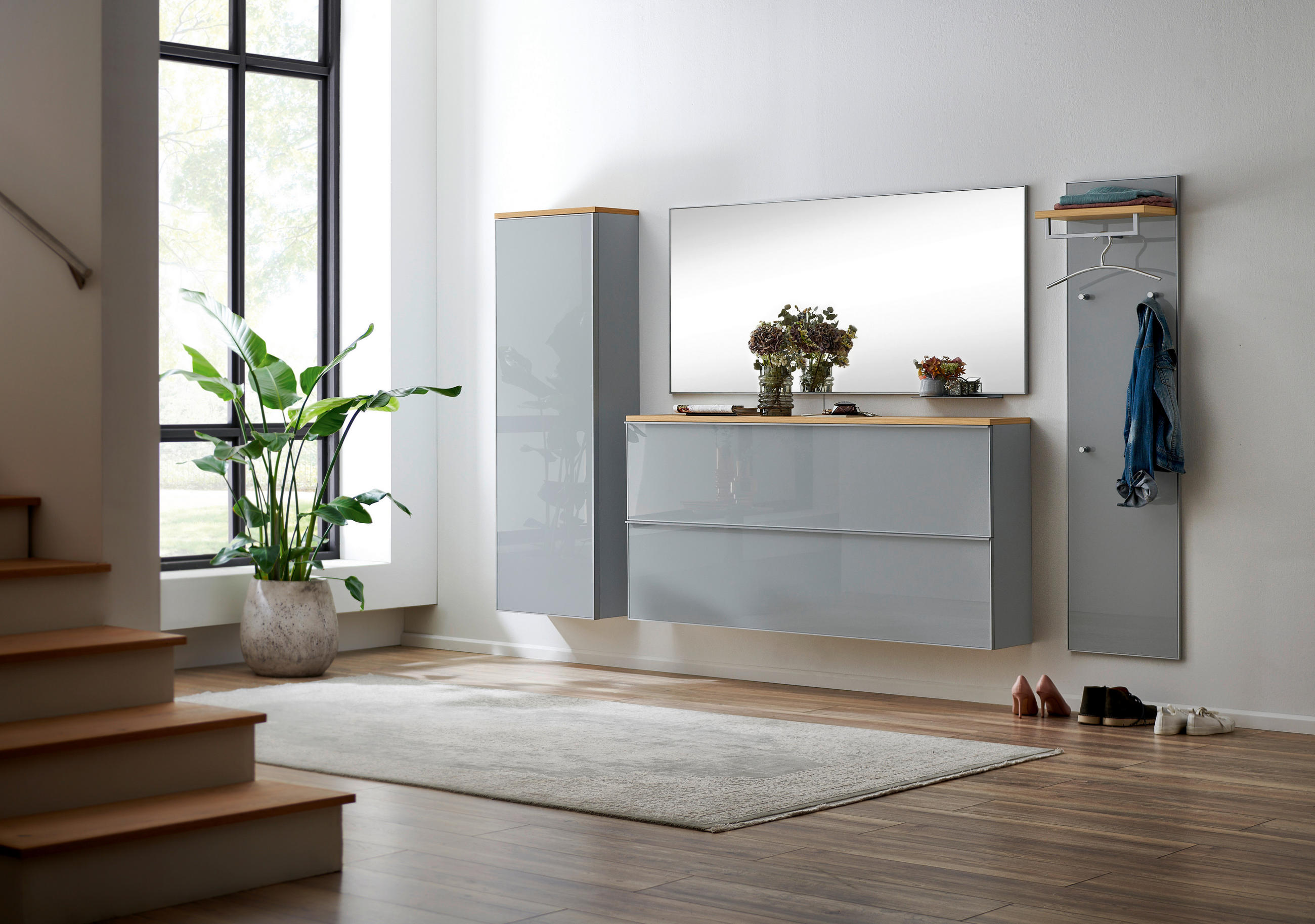 GARDEROBE 5-teilig  in 285/195/31 cm  - Grau, Design, Glas/Holz (285/195/31cm)