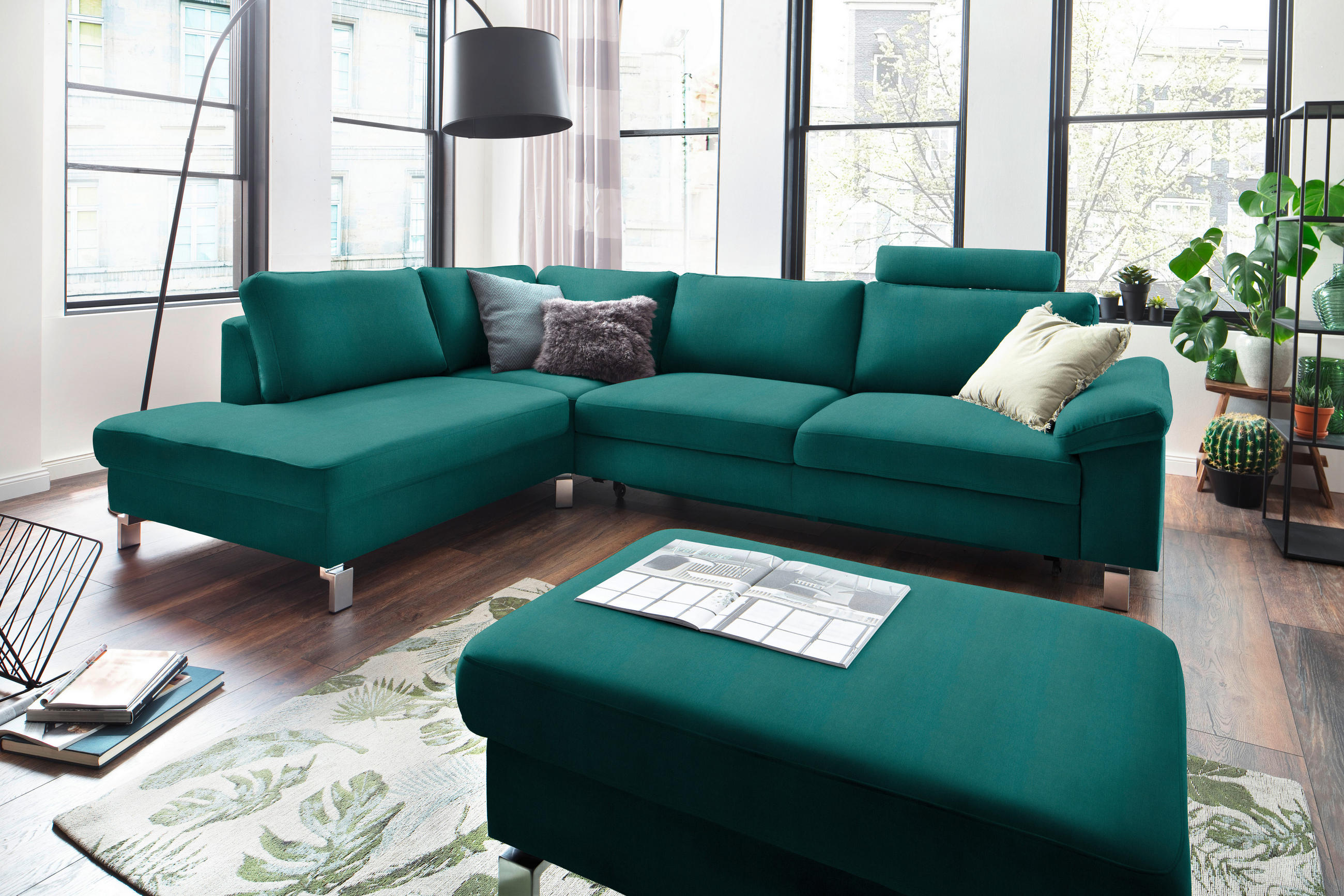 ECKSOFA in Velours Petrol  - Chromfarben/Petrol, Design, Textil/Metall (200/282cm) - Pure Home Lifestyle