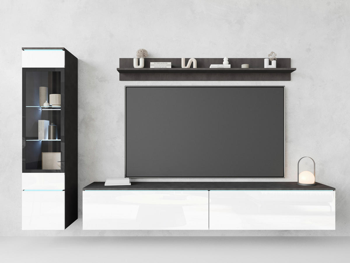 HYLLKOMBINATION 3 delar  i antracit, vit högglans  210/130/33 cm  - vit högglans/grå, Basics, trämaterial/glas (210/130/33cm) - P & B