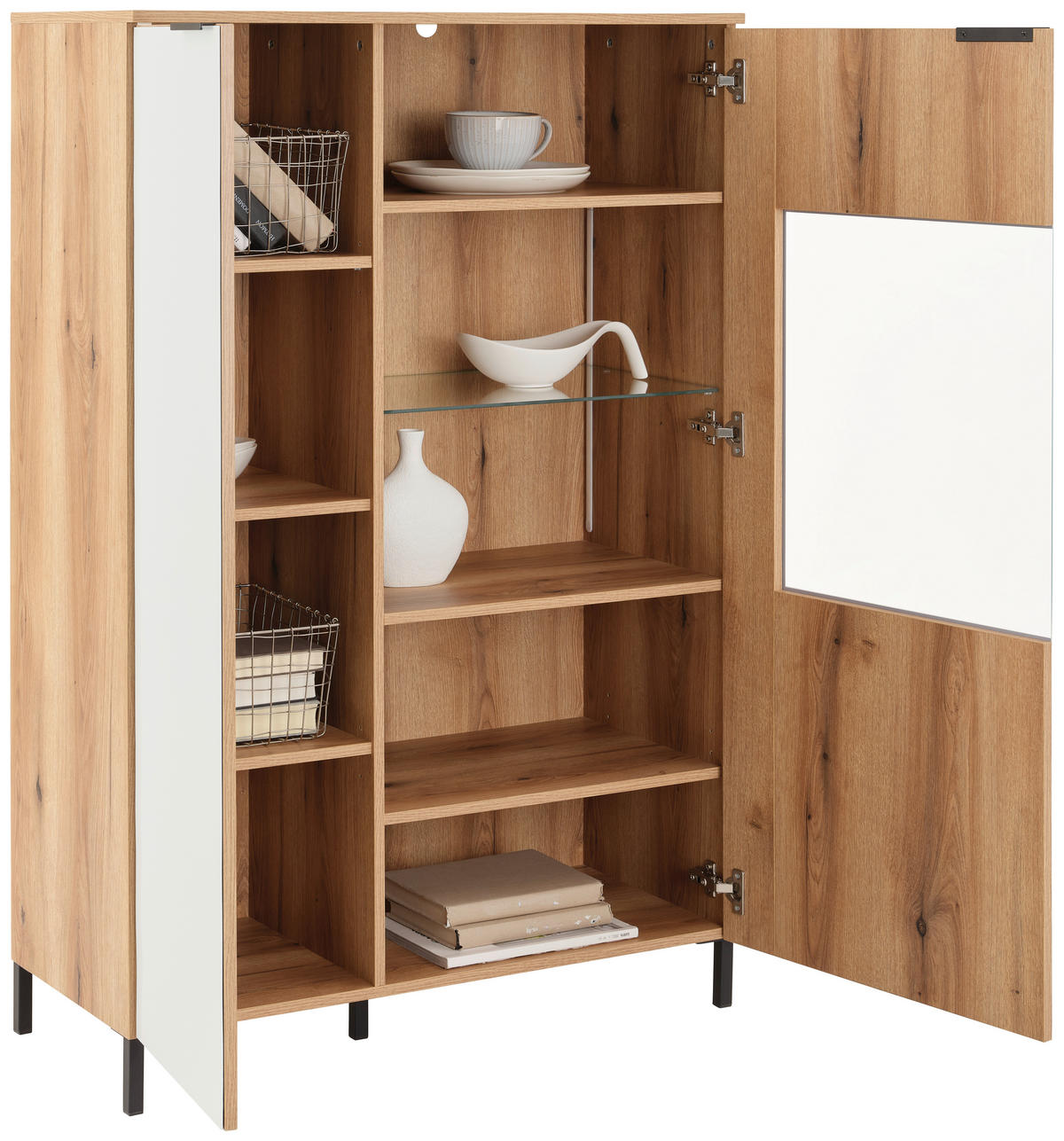 Highboard Austin 90 cm, bela, barve hrasta  - črna/barve hrasta, Trend, kovina/steklo (90/140/40cm)