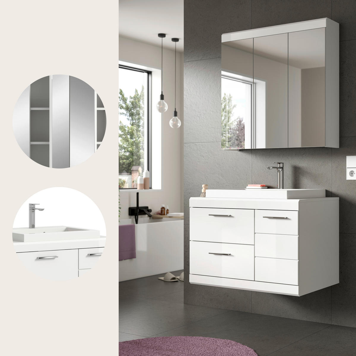 BADEZIMMER 3-teilig  in 80 cm  - Weiß Hochglanz/Silberfarben, Trend, Glas/Holzwerkstoff (80cm) - MID.YOU
