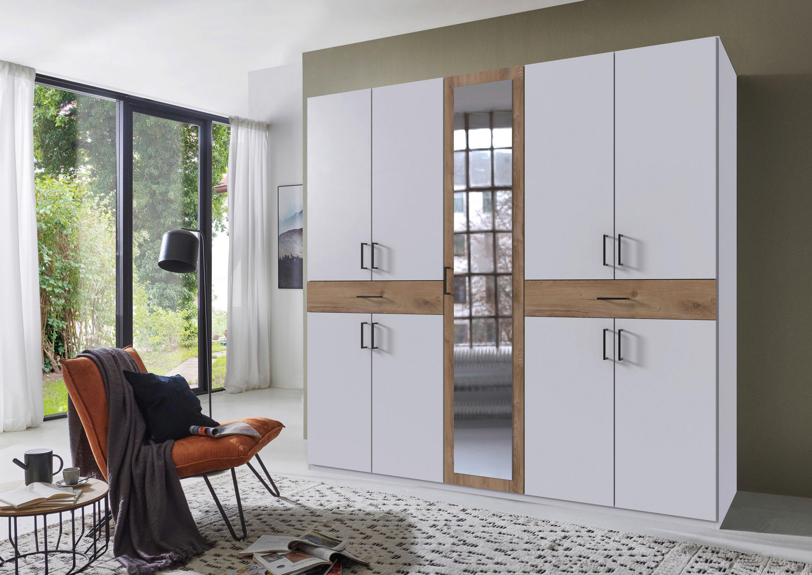 DREHTÜRENSCHRANK in Weiss, Plankeneiche  - Weiss/Plankeneiche, Konventionell, Glas/Holzwerkstoff (225/208/58cm) - Carryhome