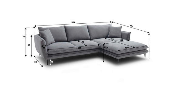 ECKSOFA  in Webstoff Dunkelgrau  304/196 cm  - Dunkelgrau/Schwarz, KONVENTIONELL, Textil/Metall (304/196cm) - Hom`in