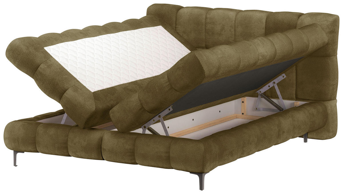 BOXBETT 160/200 cm,  in Olivgrün, gepolstertes Kopfteil, Bettkasten, Topper, H3 + H3 = fest  - Schwarz/Olivgrün, Design, Textil/Metall (160/200cm) - Ti'me