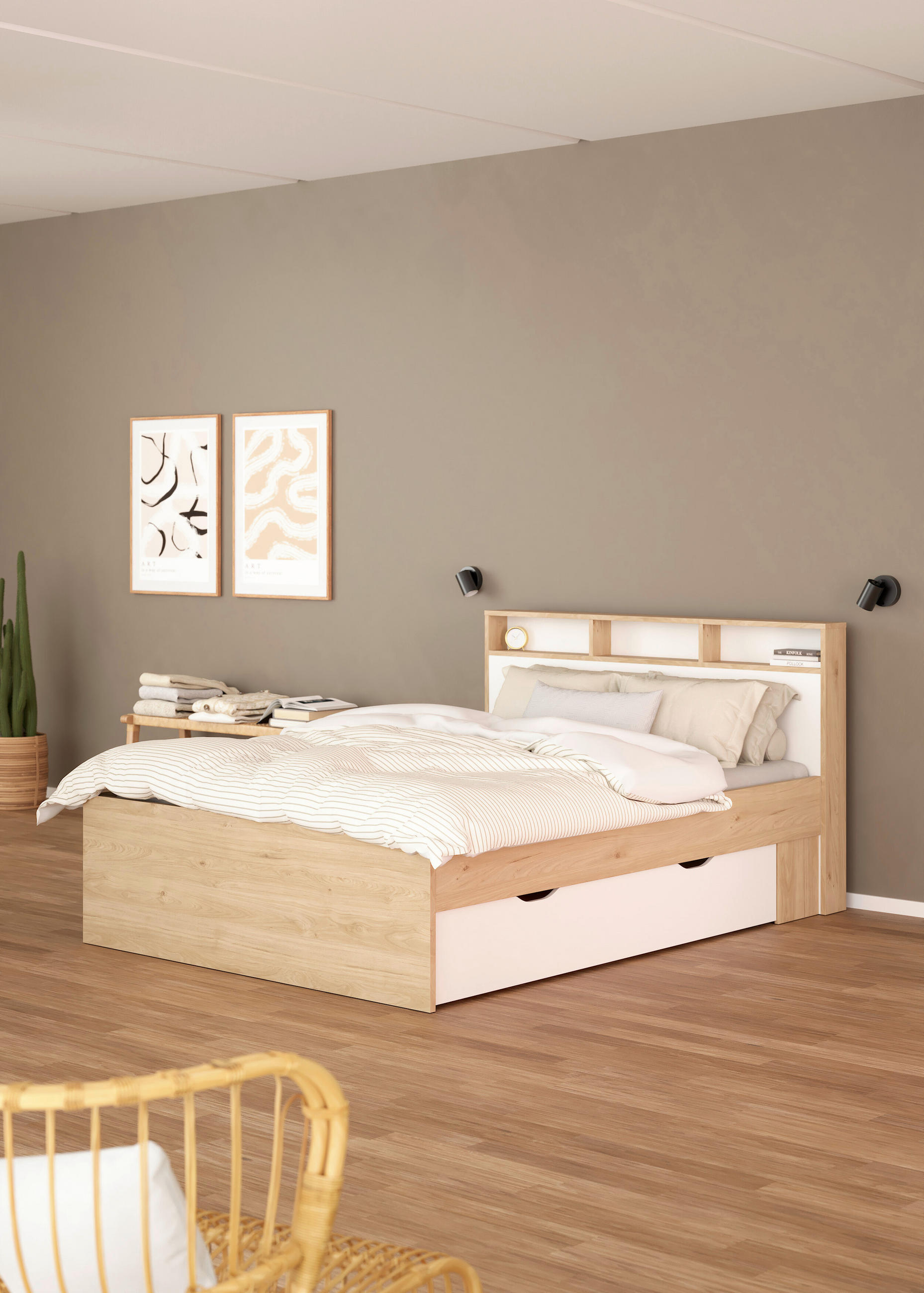 STAURAUMBETT 140/200 cm  in Weiß, Eichefarben  - Eichefarben/Weiß, MODERN, Holzwerkstoff (140/200cm) - MID.YOU