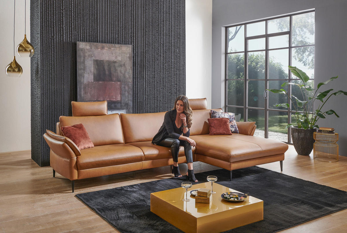 ECKSOFA Valdera in Echtleder Braun  334/172 cm  - Schwarz/Braun, Design, Leder/Metall (334/172cm) - Valdera