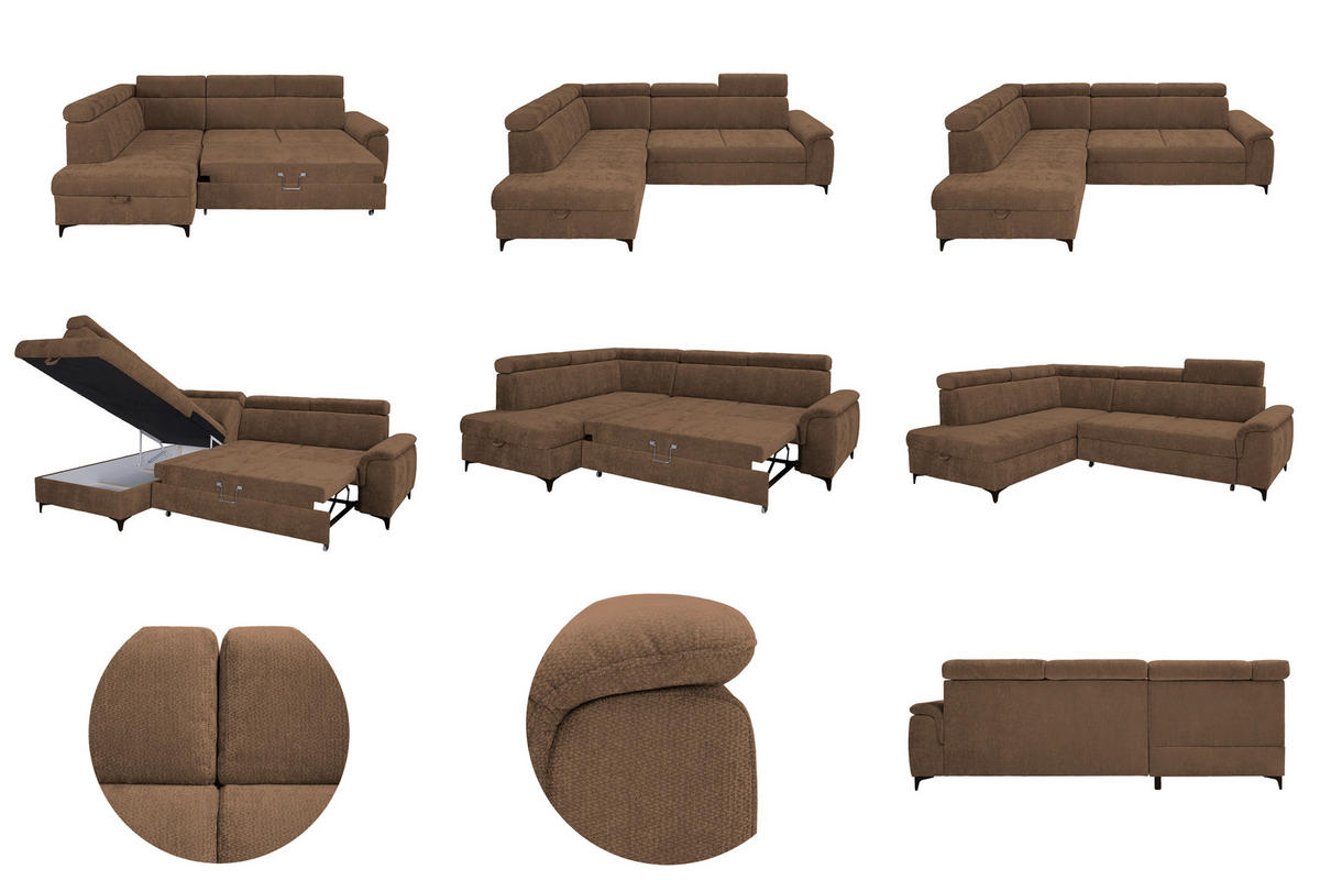 ECKSOFA Braun Chenille Bettkasten, Schlaffunktion, Rücken echt, Kopfteilverstellung, Liegefläche im Originalstoff  - Schwarz/Braun, KONVENTIONELL, Textil/Metall (206/265cm) - Carryhome