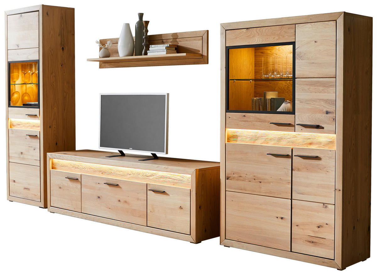 WOHNWAND  in Eichefarben  359/198/49 cm    - Eichefarben/Schwarz, KONVENTIONELL, Glas/Holz (359/198/49cm) - Cantus