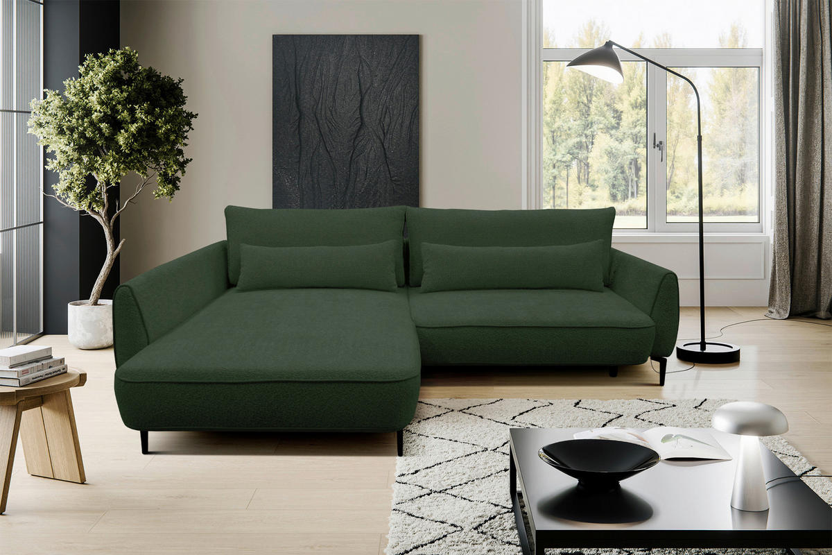 ECKSOFA Dunkelgrün Bouclé  - Dunkelgrün/Creme, Design, Textil/Metall (204/273cm) - MID.YOU