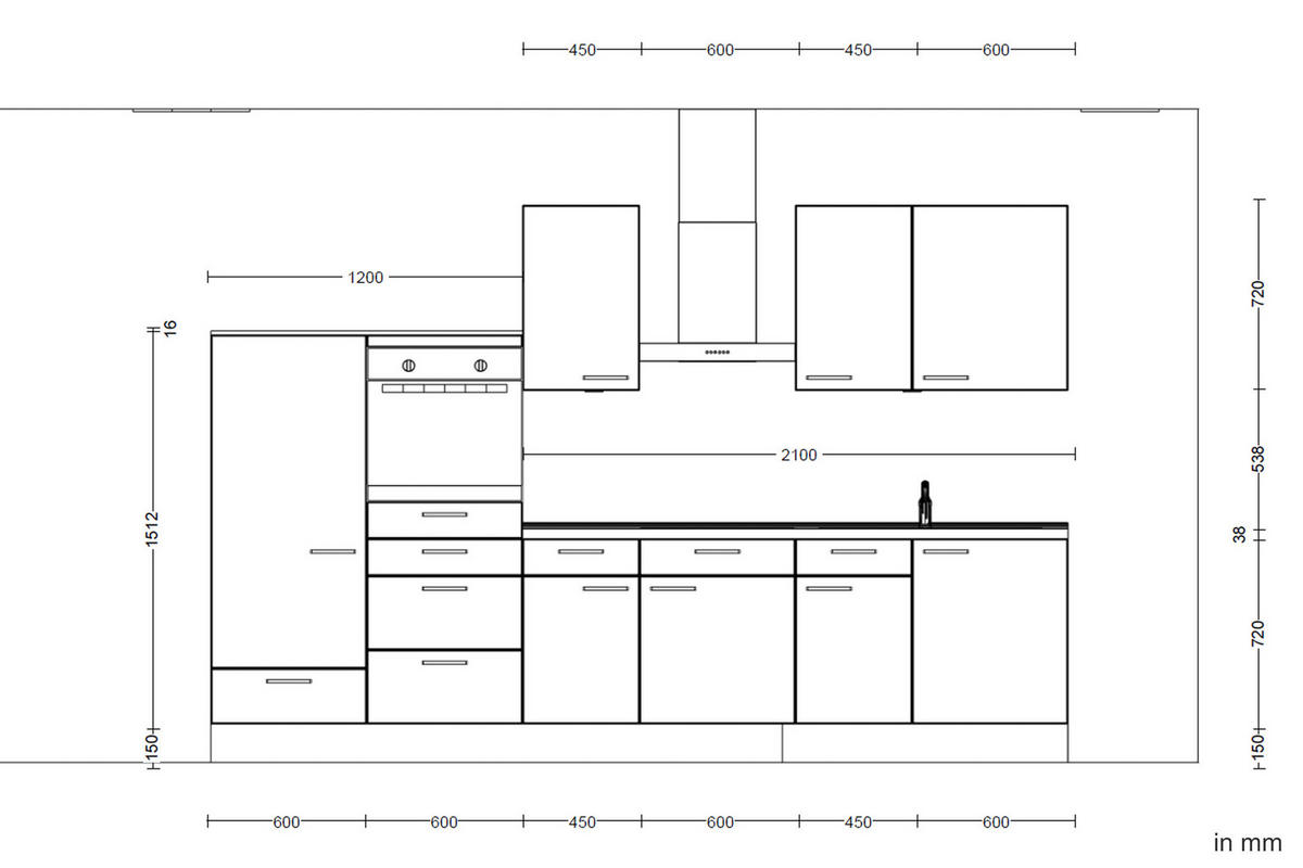 KÜCHENLEERBLOCK 330 cm   in Grau, Eiche dunkel  - Eiche dunkel/Schwarz, MODERN, Holzwerkstoff/Metall (330cm) - Nobilia