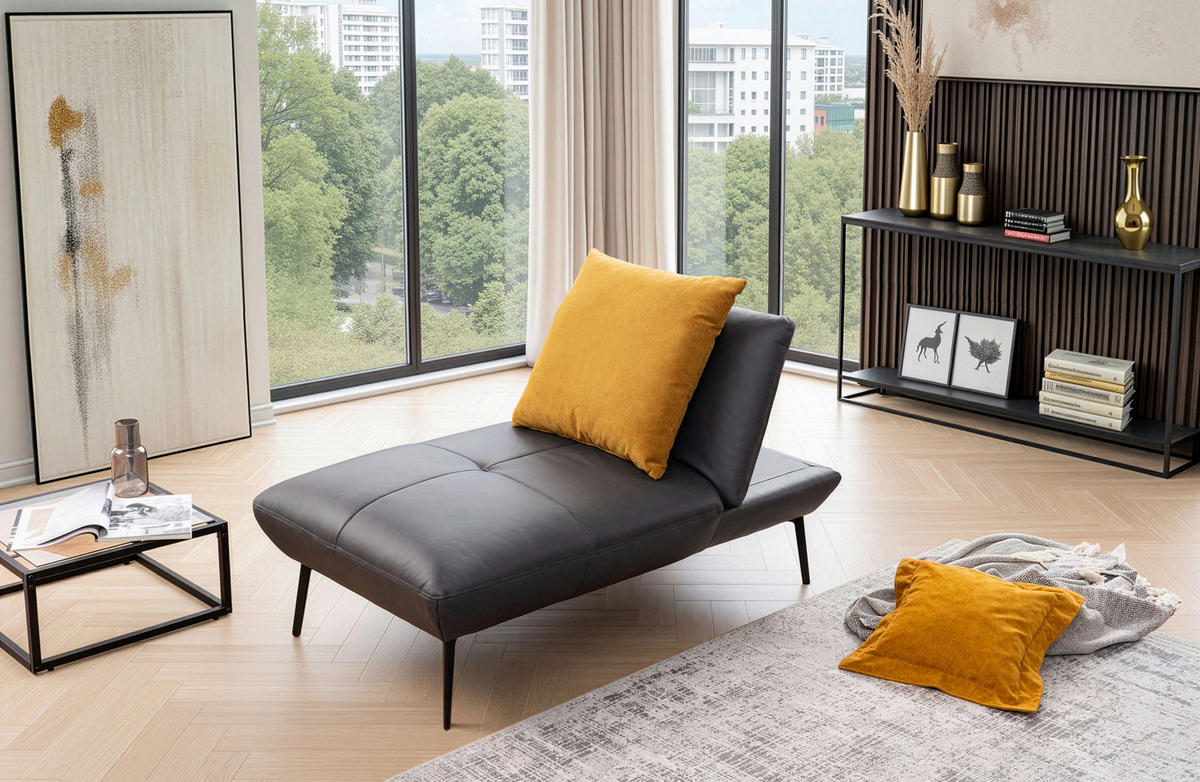 HOCKER Echtleder Anthrazit  - Anthrazit/Schwarz, Design, Leder/Metall (142/43/80cm) - Moderano
