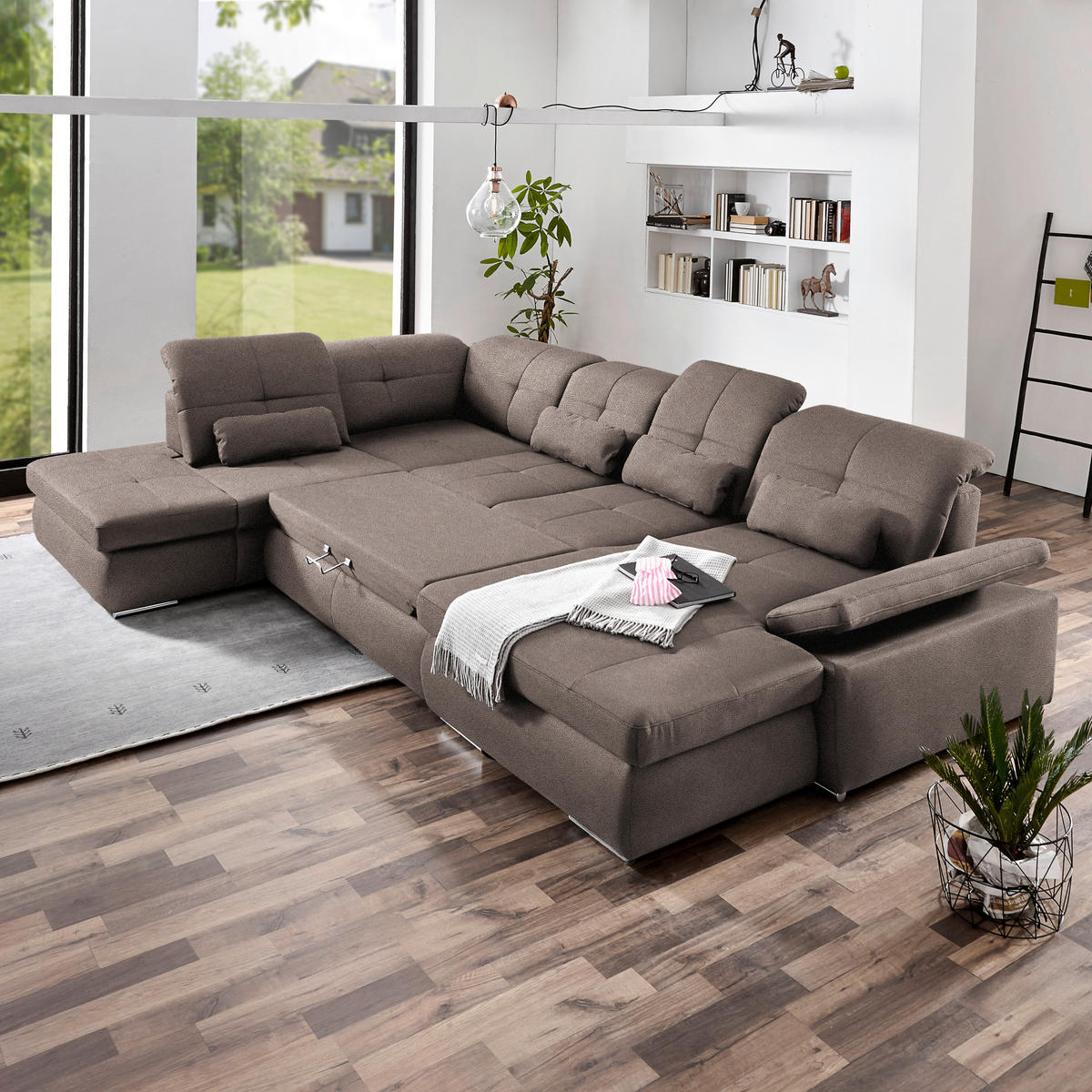 WOHNLANDSCHAFT  in Mikrofaser Graubraun  - Chromfarben/Graubraun, Design, Holzwerkstoff/Textil (260/371/195cm) - Beldomo Style