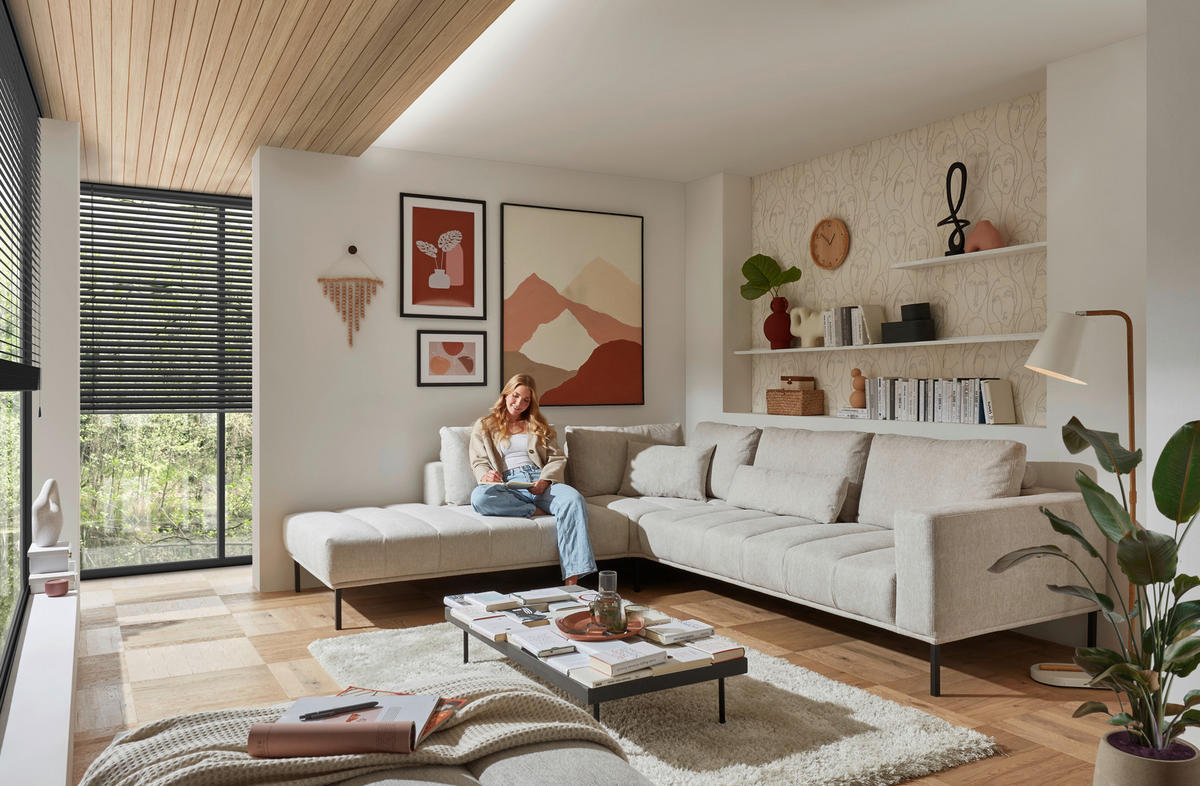 ECKSOFA in Flachgewebe Creme  270/308 cm  - Creme/Schwarz, Design, Textil/Metall (270/308cm) - Pure Home Lifestyle