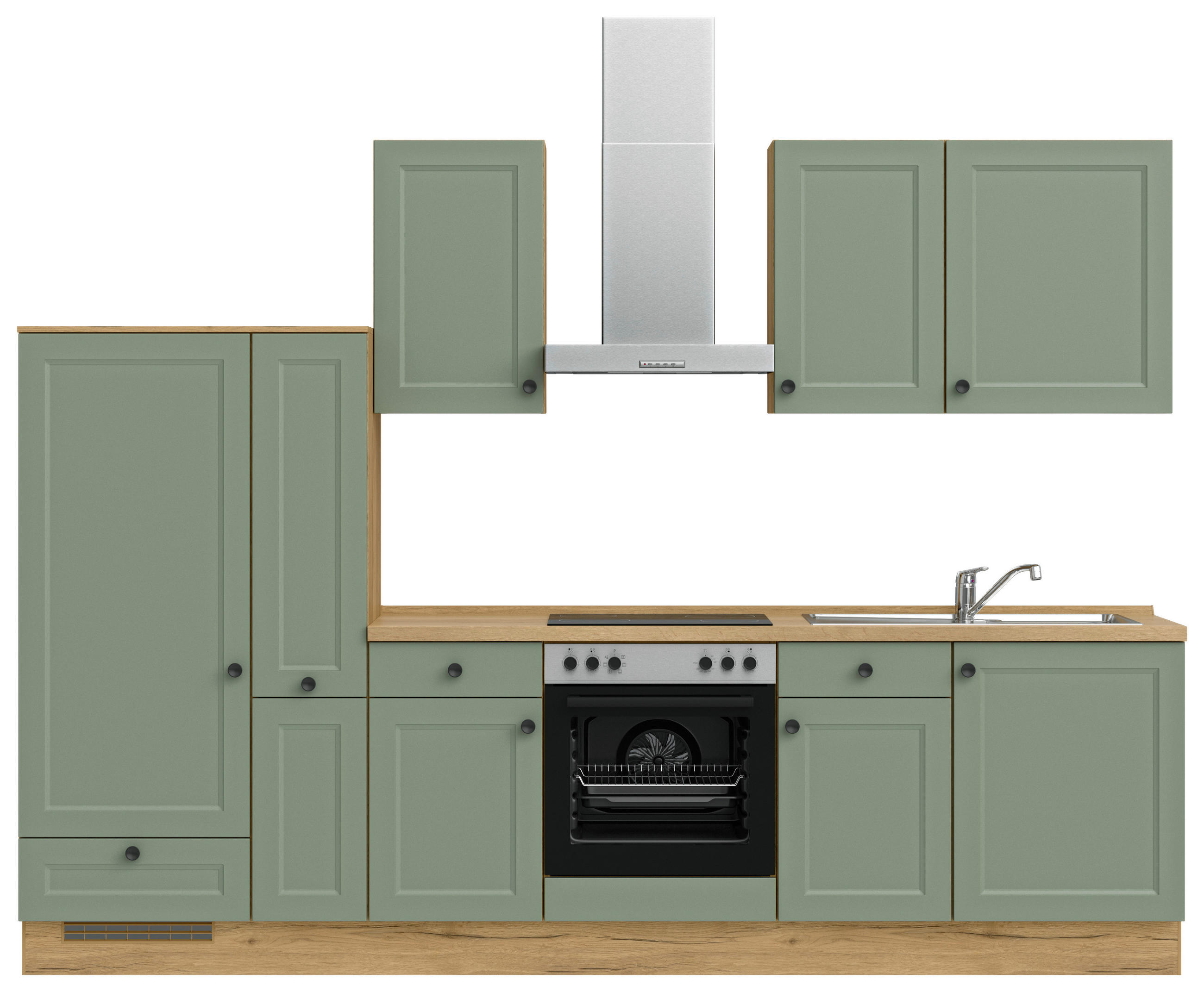 BUCĂTĂRIE FĂRĂ ELECTROCASNICE  - verde/culoare lemn stejar, Modern, metal/material pe bază de lemn (300cm) - Nobilia