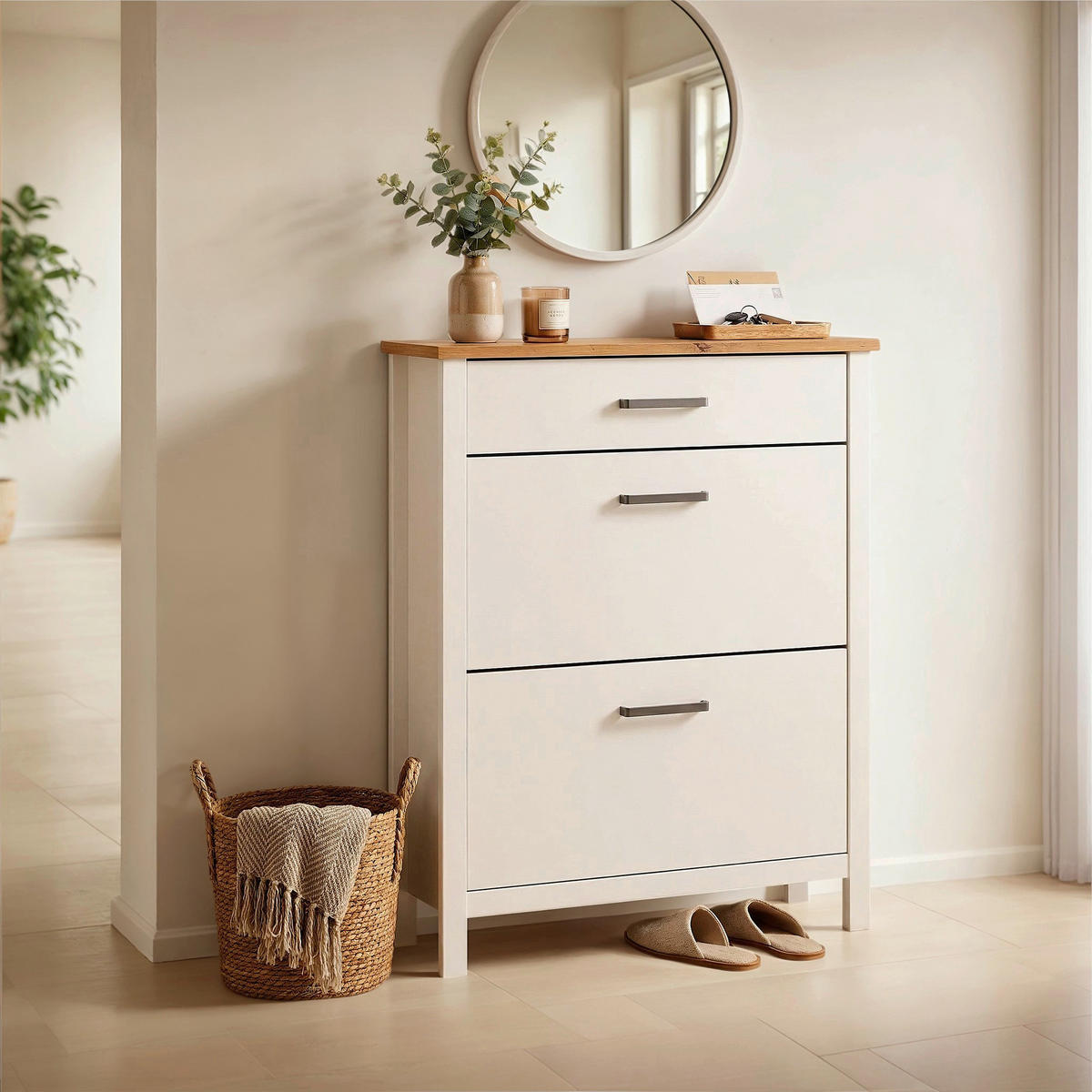 ORMARIĆ ZA OBUĆU  bijela, hrast Artisan  drvni materijal     - bijela/srebrne boje, Romantično / ladanjski, drvni materijal/metal (103/129/45cm)