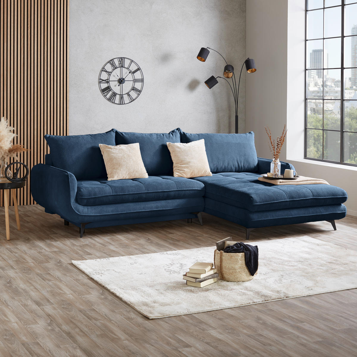ECKSOFA WAVE Dunkelblau Struktur  - Beige/Schwarz, MODERN, Textil/Metall (266/189cm) - MID.YOU