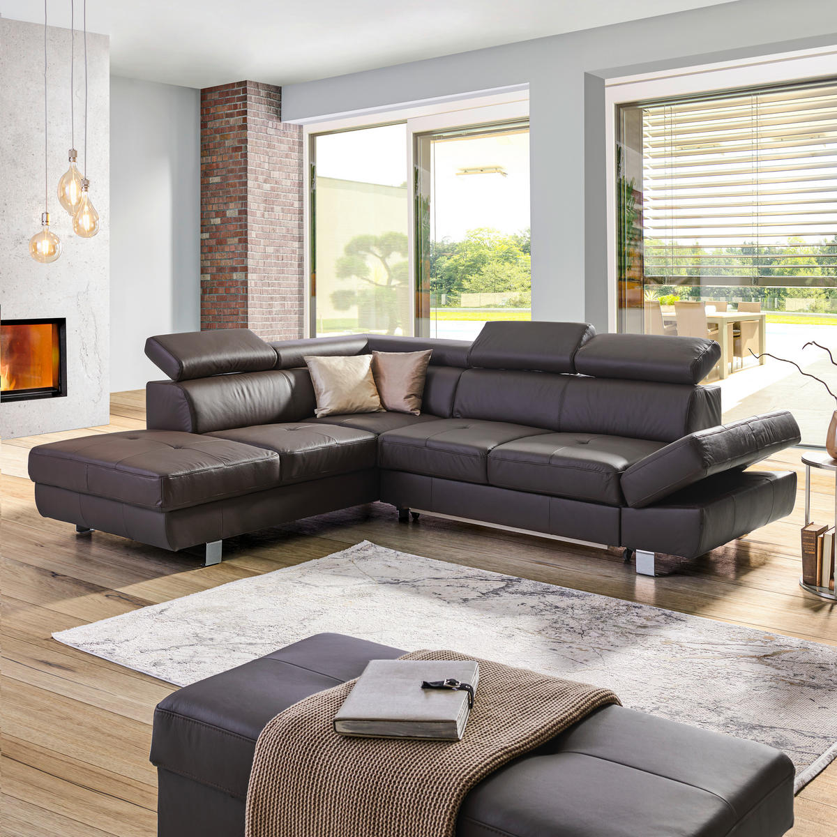 ECKSOFA Dunkelbraun Kombination Echtleder/Lederlook Lederlook  - Chromfarben/Dunkelbraun, Design, Leder/Textil (212/265cm) - Stylife