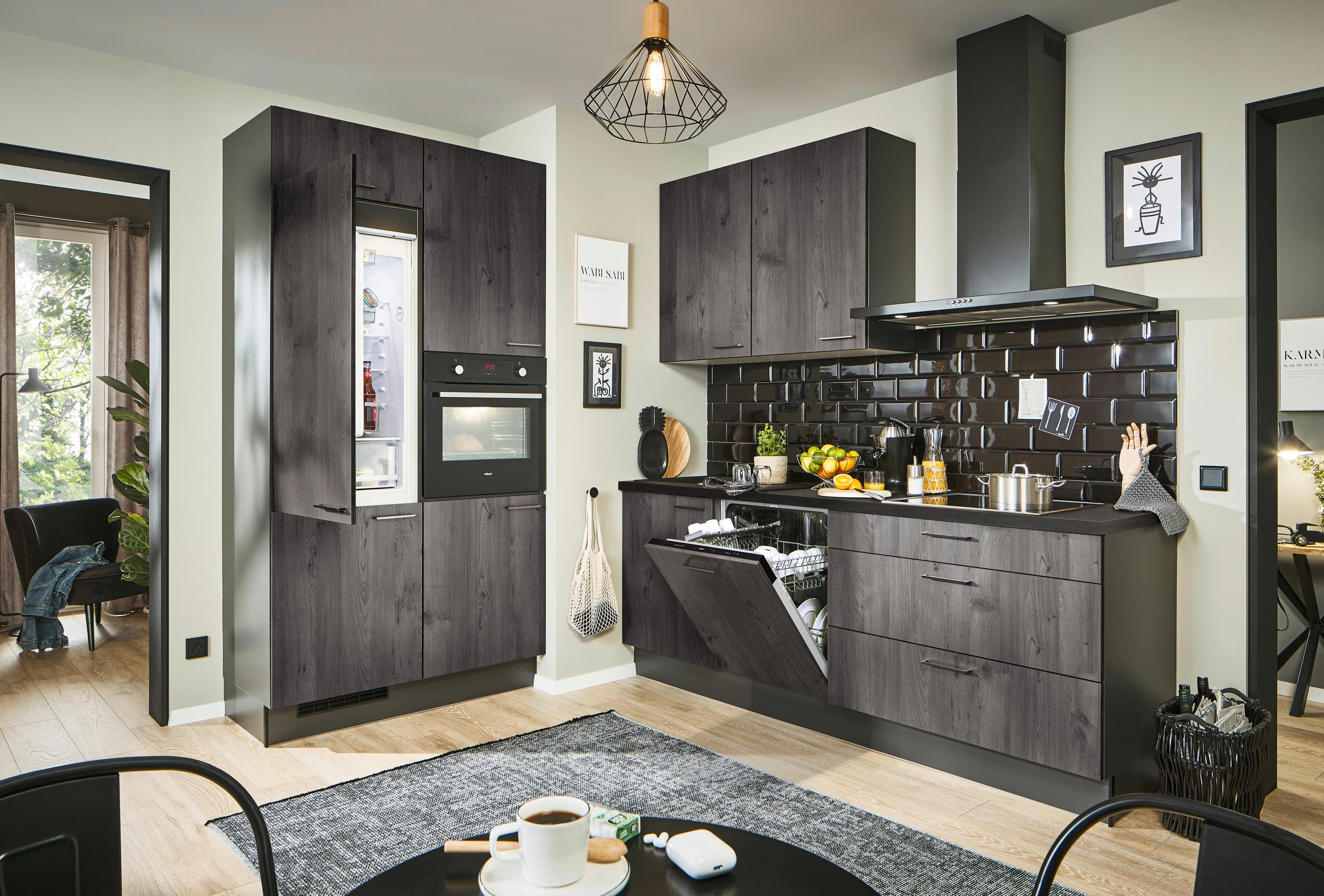 ECKKÜCHE 120/220 cm  in Graphitfarben, Schwarz, Eiche dunkel  - Eiche dunkel/Chromfarben, Design, Holzwerkstoff/Metall (120/220cm) - Xora