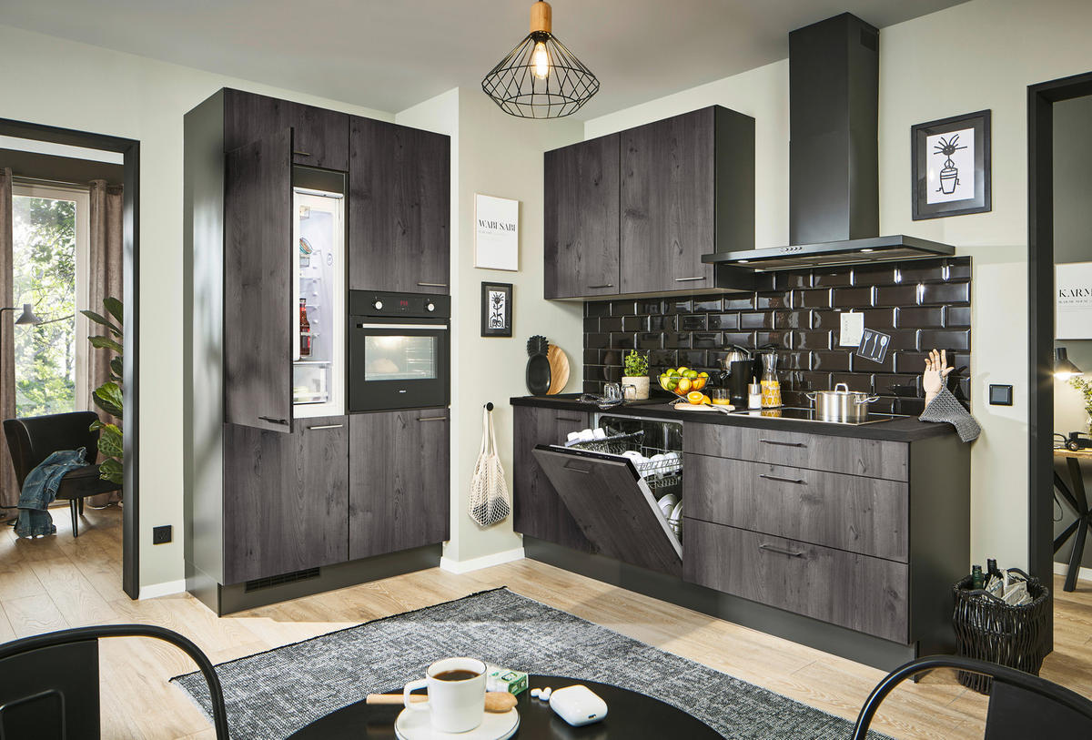 ECKKÜCHE 120/220 cm  in Graphitfarben, Schwarz, Eiche dunkel  - Eiche dunkel/Chromfarben, Design, Holzwerkstoff/Metall (120/220cm) - Xora