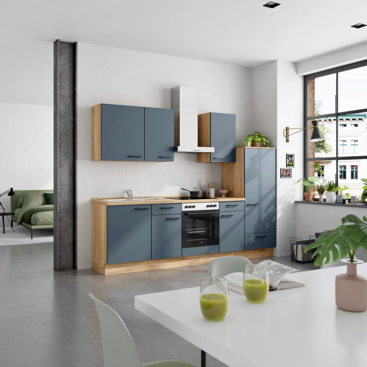 KÜCHENBLOCK Easytouch 270 cm  in Blau, Eichefarben  - Blau/Eichefarben, MODERN, Holzwerkstoff/Metall (270cm) - Nobilia