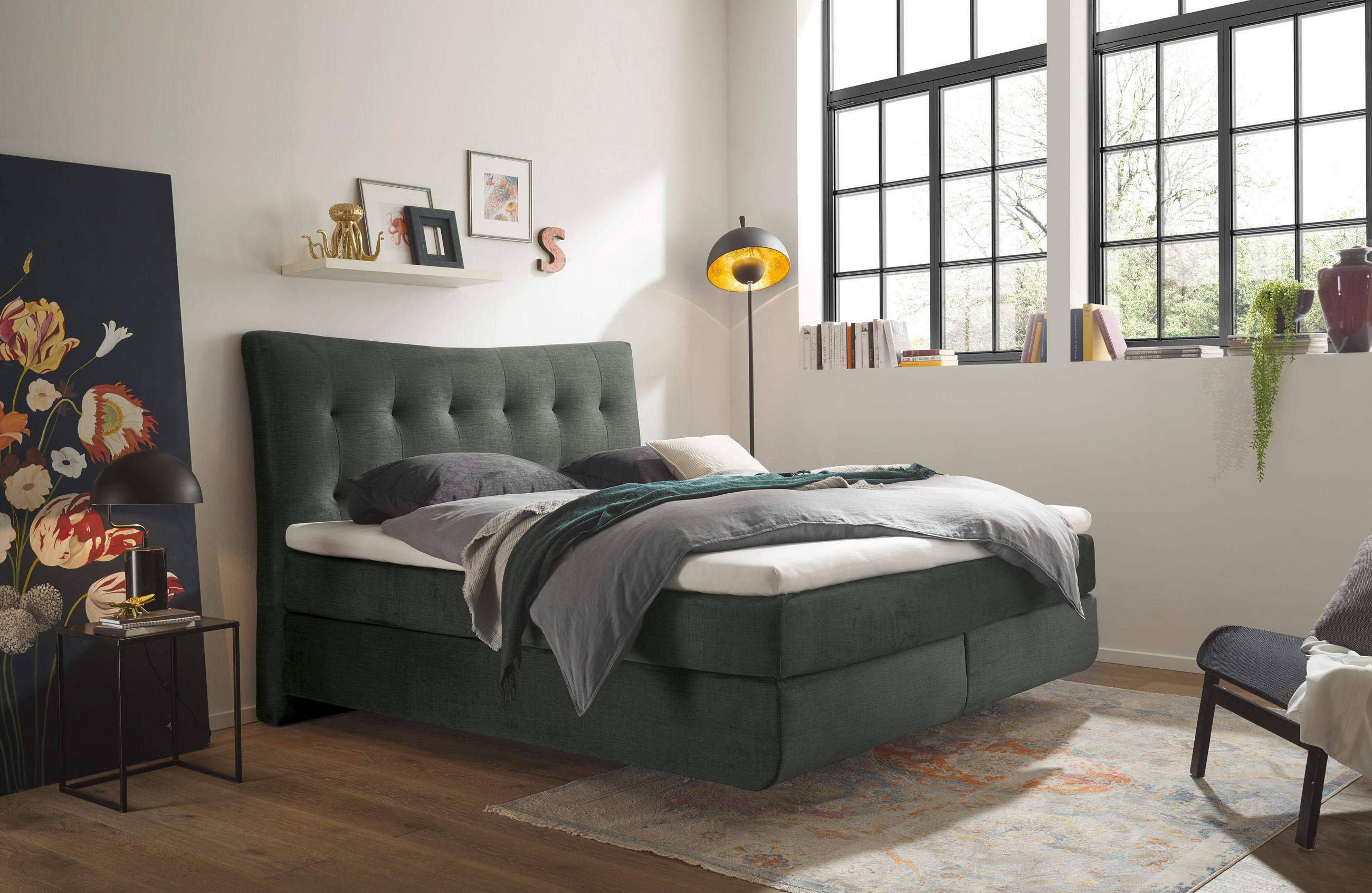 BOXSPRINGBETT 180/200 cm  in Dunkelgrün  - Dunkelgrün/Schwarz, Basics, Holzwerkstoff/Kunststoff (180/200cm) - Esposa