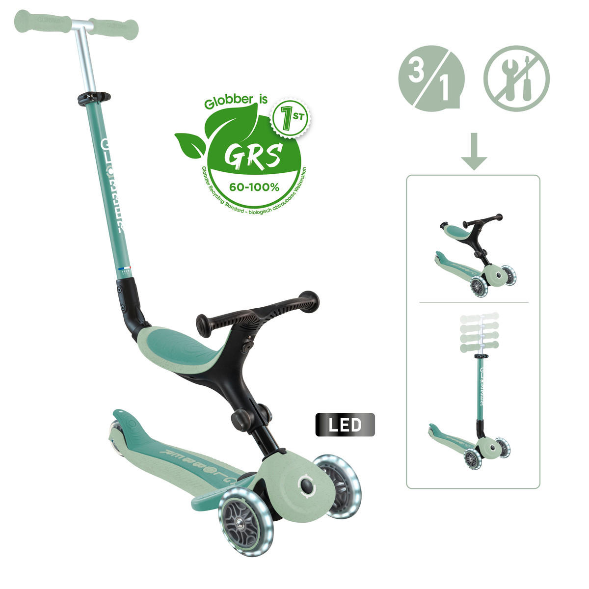 LAUFRAD GO-UP ACTIVE LIGHTS ECO 3IN1  - Pastellgrün/Grün, LIFESTYLE, Kunststoff/Metall (67/28/95,5cm) - GLOBBER