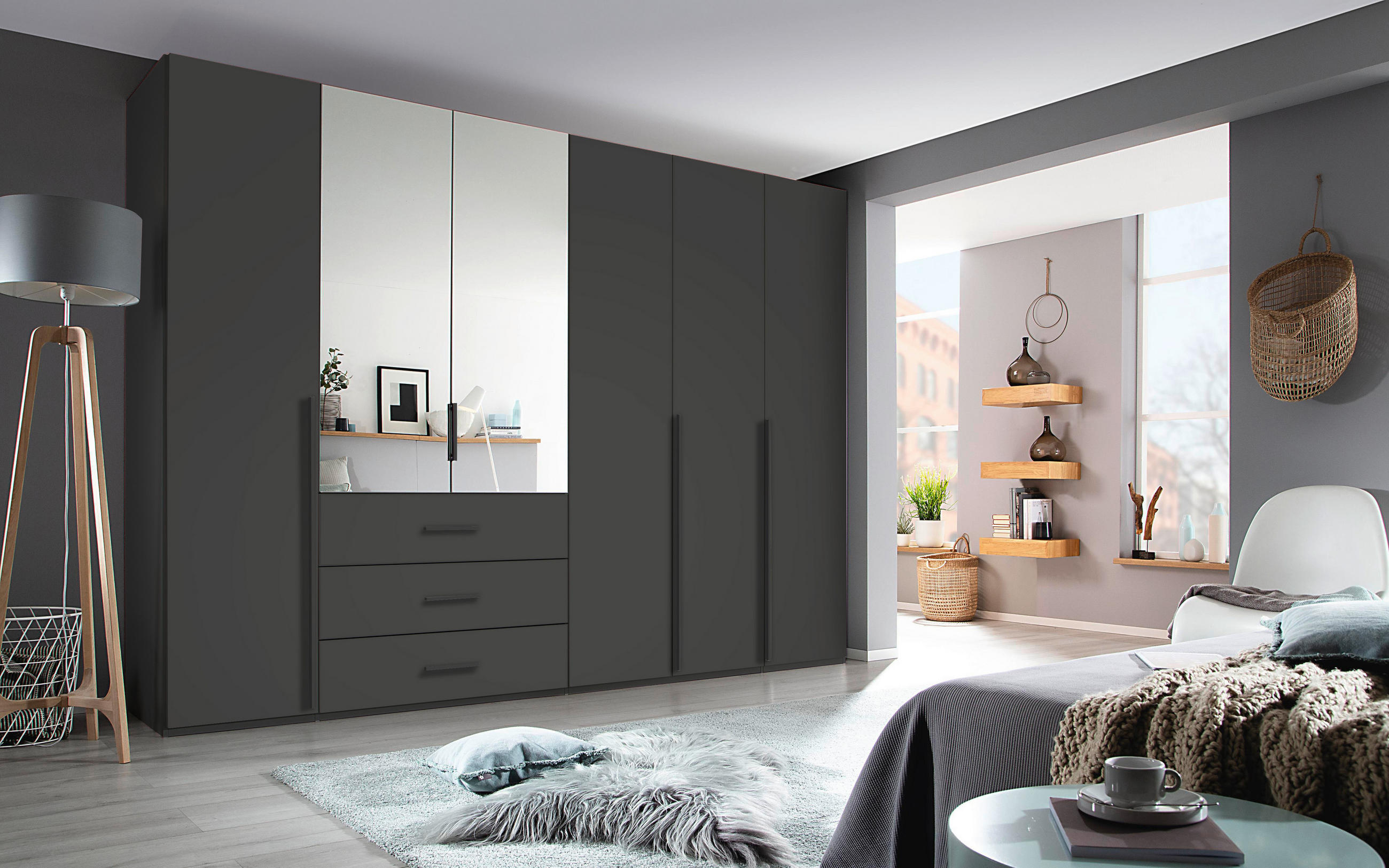 DREHTÜRENSCHRANK 301/223/60 cm,  in Graphitfarben, 6-türig  - Graphitfarben, Design, Glas/Holzwerkstoff (301/223/60cm) - home24