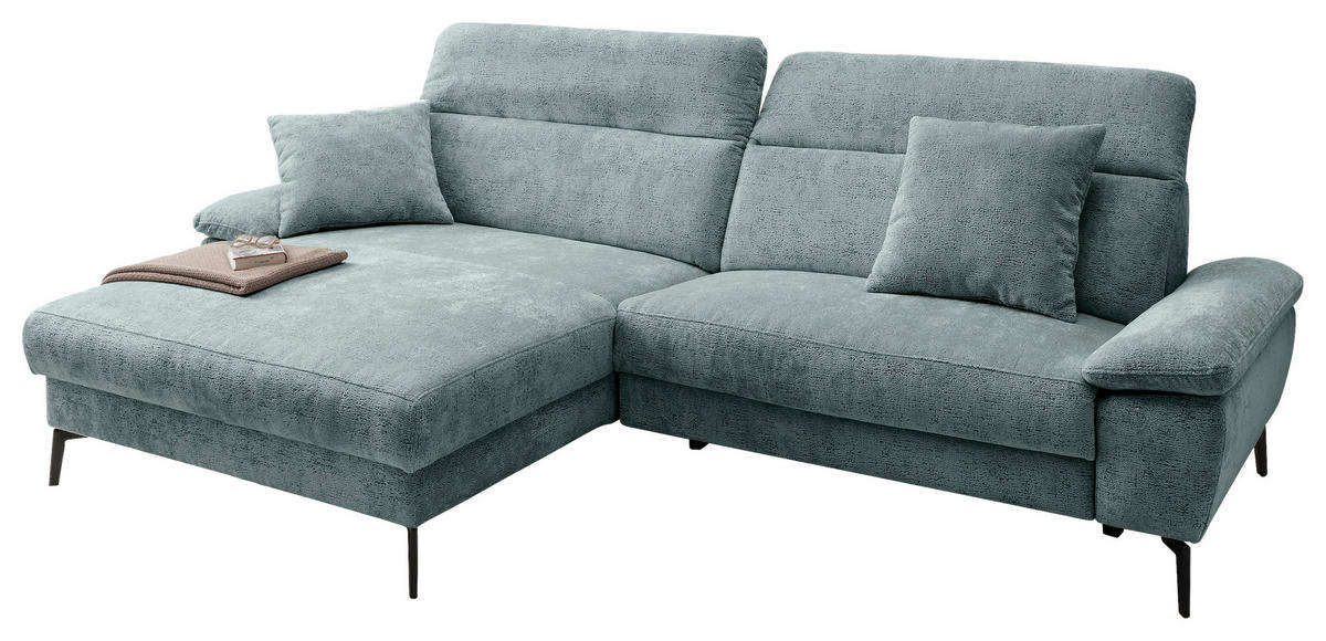 ECKSOFA CANCELLI Türkis Struktur Zierkissen, Kopfteilverstellung  - Türkis/Schwarz, KONVENTIONELL, Textil/Metall (178/300cm) - Livetastic