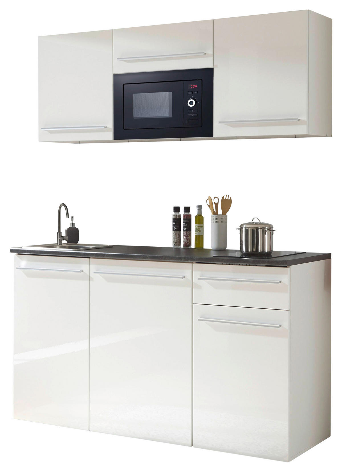 KÜCHENBLOCK 160 cm   in Braun, Weiß, Weiß Hochglanz  - Weiß Hochglanz/Silberfarben, Trend, Holzwerkstoff/Kunststoff (160cm) - Carryhome