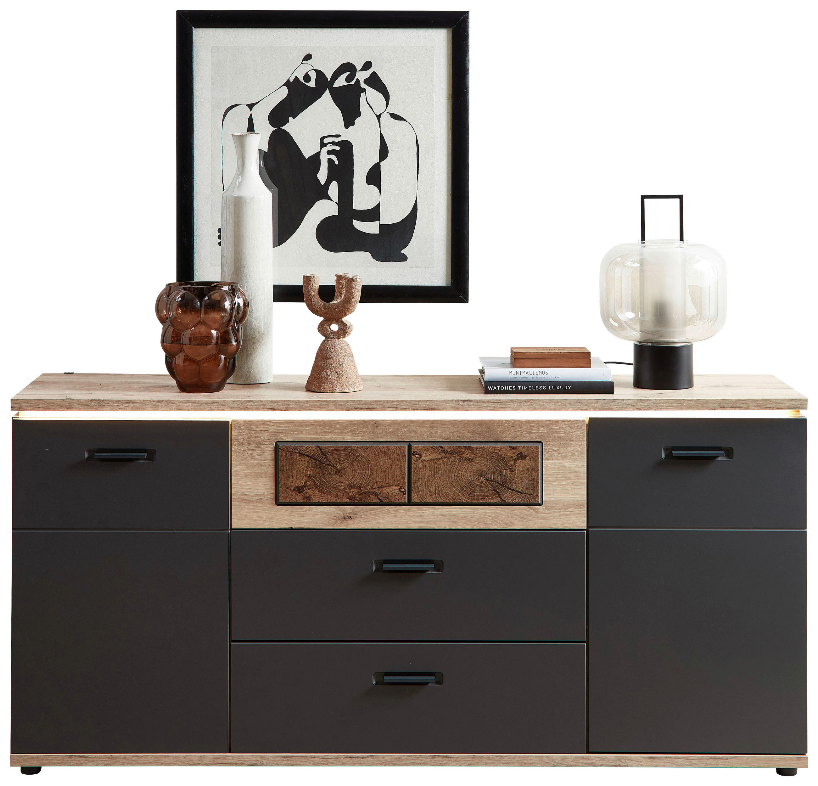 SIDEBOARD SINA 180/86/43 cm 2 Schublade(n)  - Eichefarben/Graphitfarben, MODERN, Holzwerkstoff/Metall (180/86/43cm) - Stylife