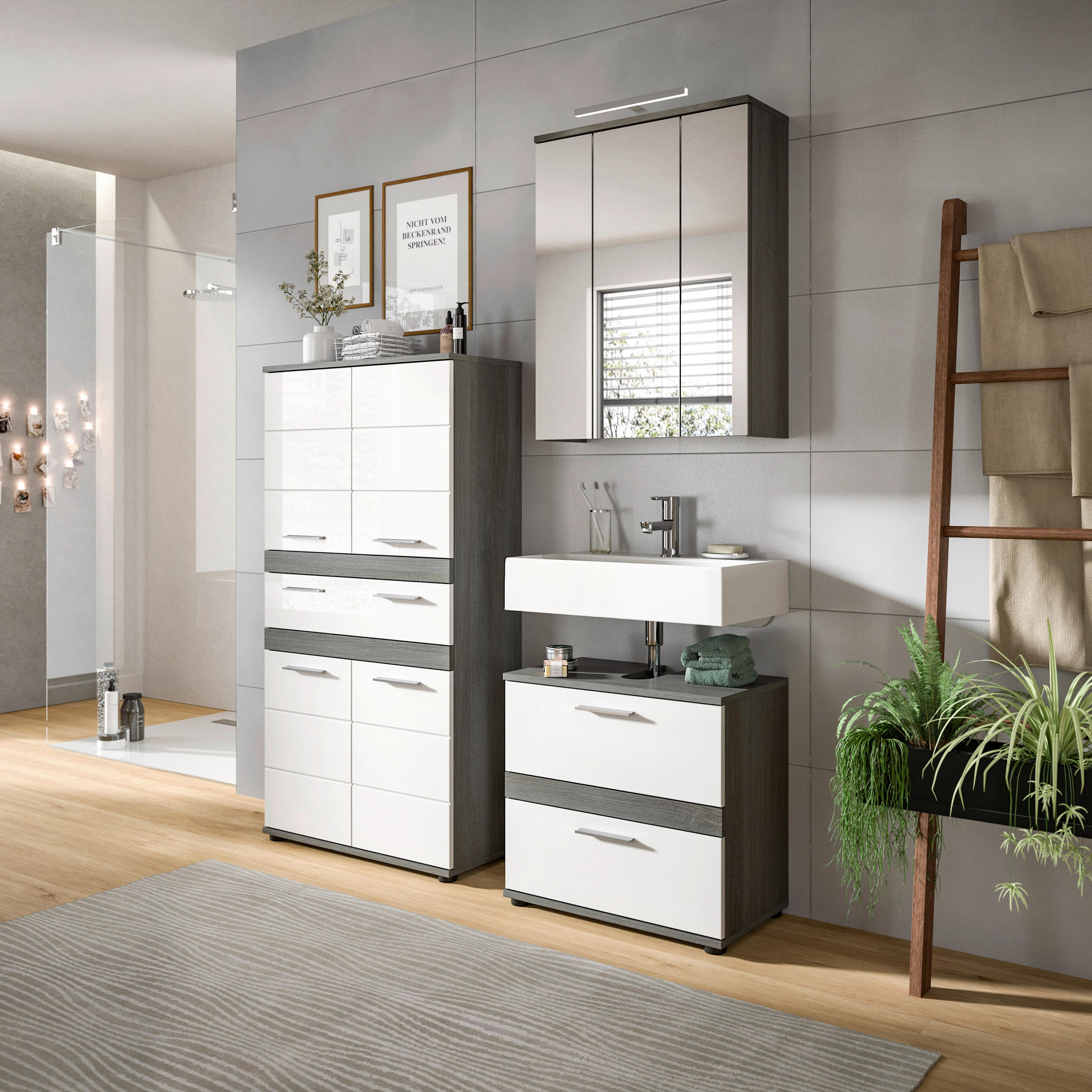 BADEZIMMER 4-teilig  in 145 cm  - Weiß Hochglanz/Silberfarben, Trend, Glas/Holzwerkstoff (145cm) - MID.YOU