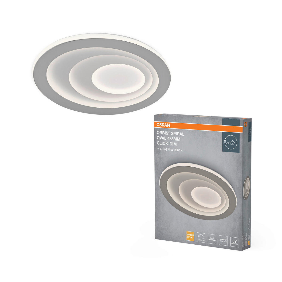 LED-DECKENLEUCHTE Orbis Spiral 38,5/48,5/5,6 cm   - Grau, Design, Kunststoff/Metall (38,5/48,5/5,6cm) - Osram