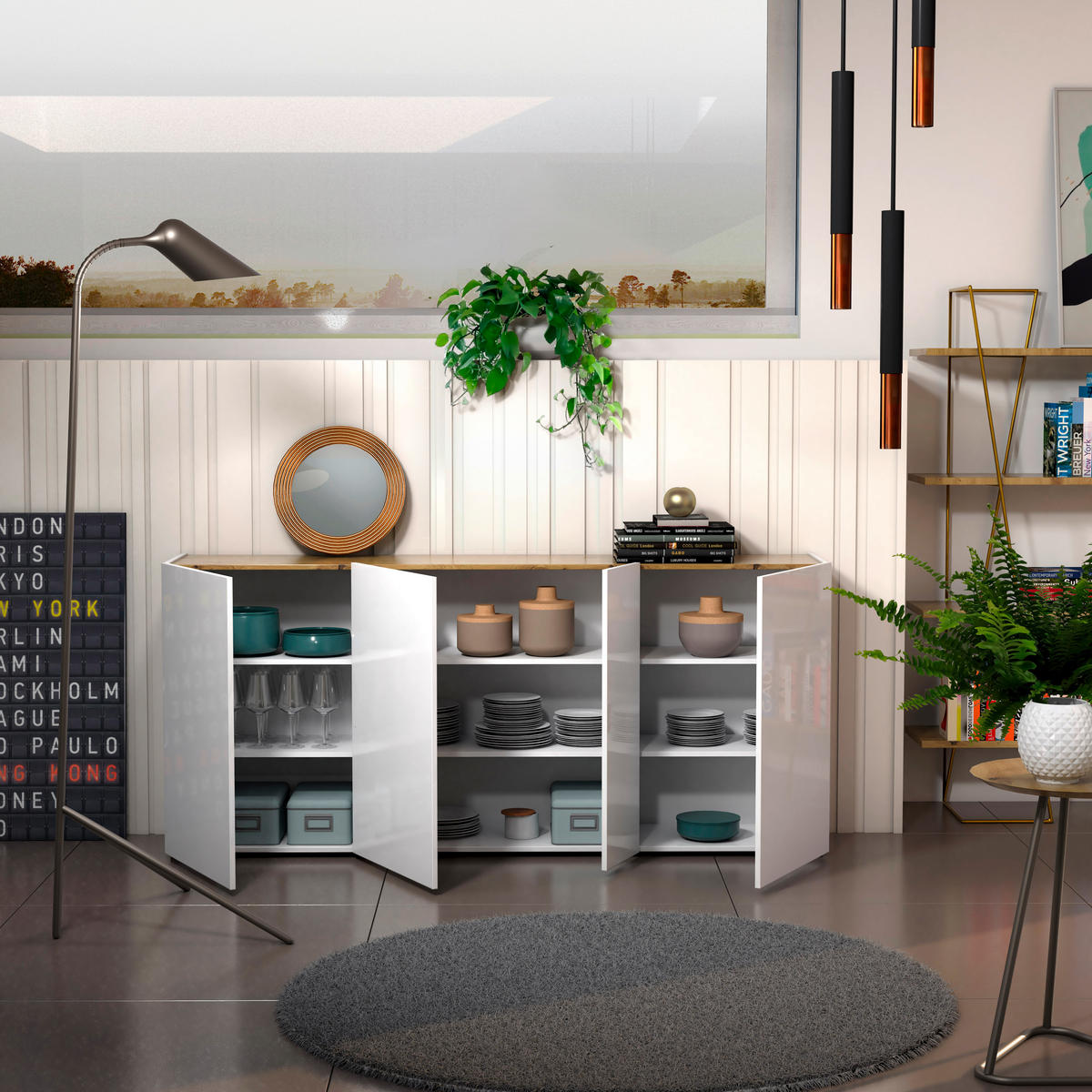 ŠIROKÁ KOMODA, barvy dubu, vysoce lesklá bílá, 203/92/40 cm - barvy dubu/černá, Design, kompozitní dřevo/plast (203/92/40cm) - Xora