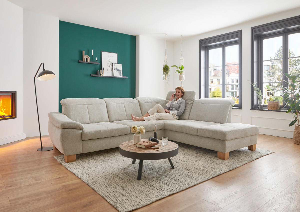 ECKSOFA in Flachgewebe Ecru  - Wildeiche/Ecru, Natur, Holz/Textil (301/243cm) - Voleo