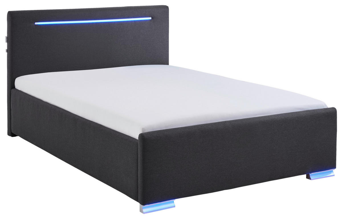 POLSTERBETT 140/200 cm,  in Schwarz, Beleuchtung,  - Silberfarben/Schwarz, Design, Kunststoff/Textil (140/200cm) - Boxxx