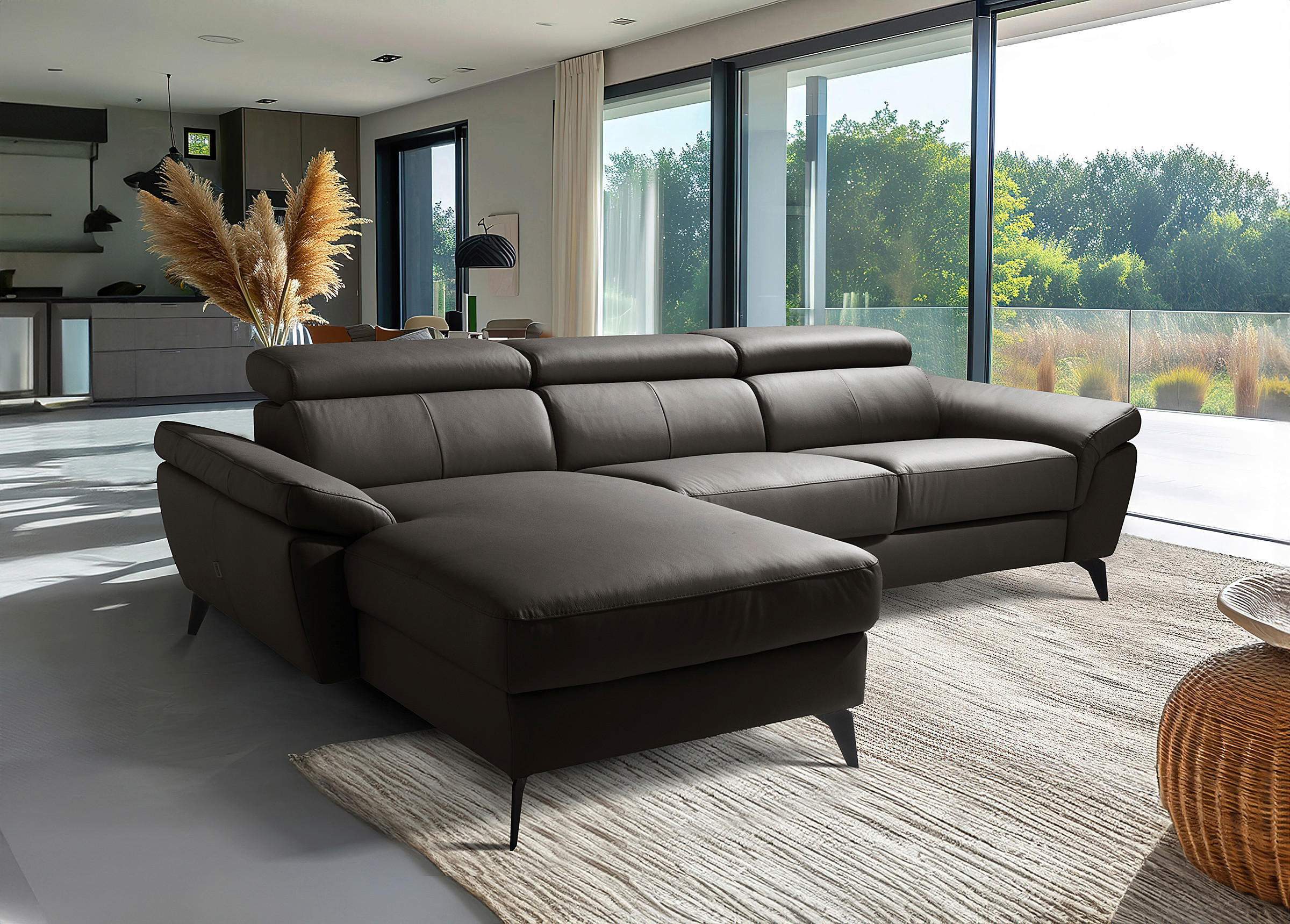 ECKSOFA  in Lederlook Echtleder Dunkelbraun  - Dunkelbraun/Schwarz, Design, Leder/Textil (179/252cm) - Livetastic