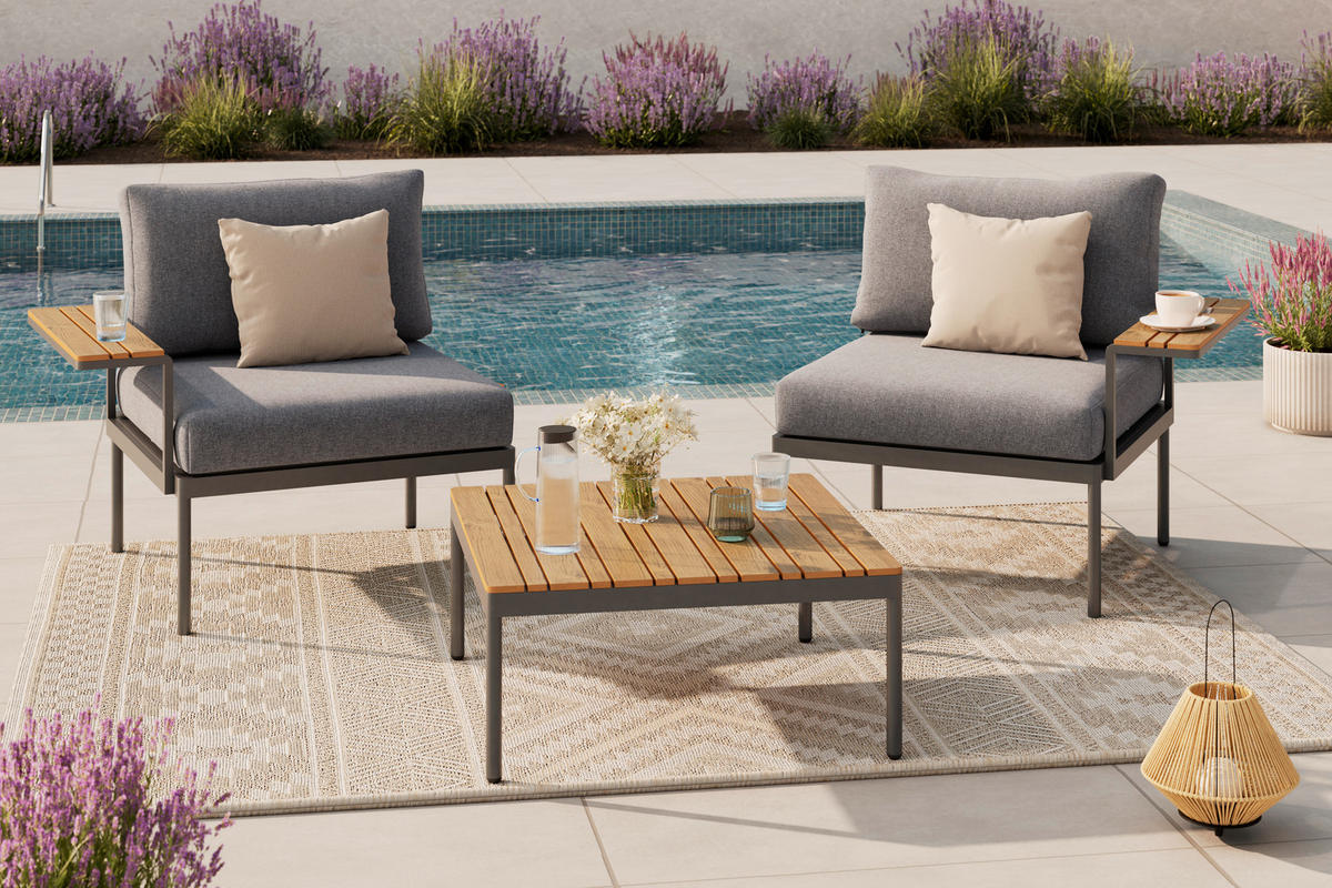 TERASOVÁ SEDACÍ SOUPRAVA 3dílné, kov, plast, textil - tmavě šedá/přírodní barvy, Moderní, kov/textil (85/64.5/71.5cm) - Ambia Garden