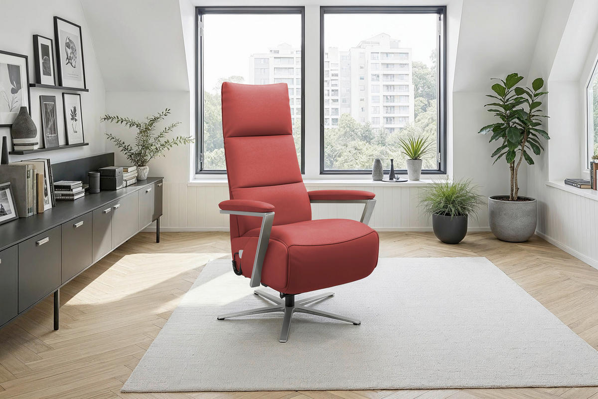 RELAXSESSEL TV VARIO COMFORT E S1 Echtleder Kopfteilverstellung, Rücken echt    - Silberfarben/Rot, Basics, Leder/Metall (70/124/85cm) - Sit & More