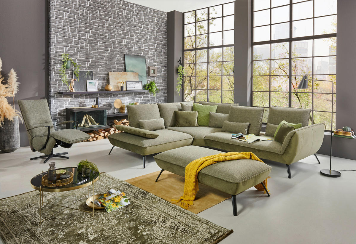ECKSOFA Olivgrün Flachgewebe  - Schwarz/Olivgrün, Design, Textil/Metall (250/310cm) - Moderano