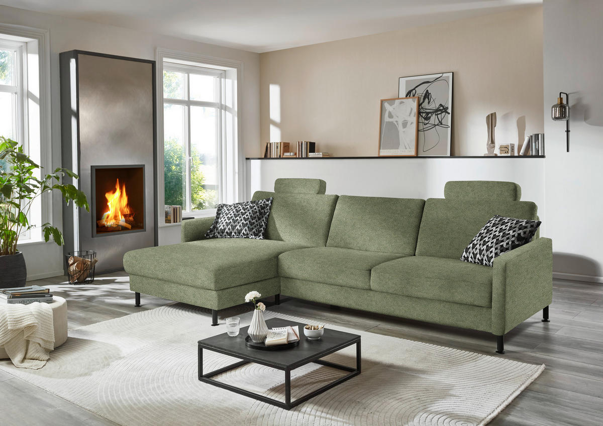 ECKSOFA  in Chenille, Flachgewebe Olivgrün  175/316 cm  - Schwarz/Olivgrün, Design, Textil/Metall (175/316cm) - Dieter Knoll