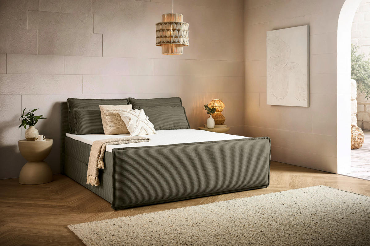 BOXBETT 180/200 cm,  in Waldgrün, Kissen, Bettkasten, Topper, H3 + H3 = fest  - Waldgrün/Schwarz, Design, Kunststoff/Textil (180/200cm) - Chameo