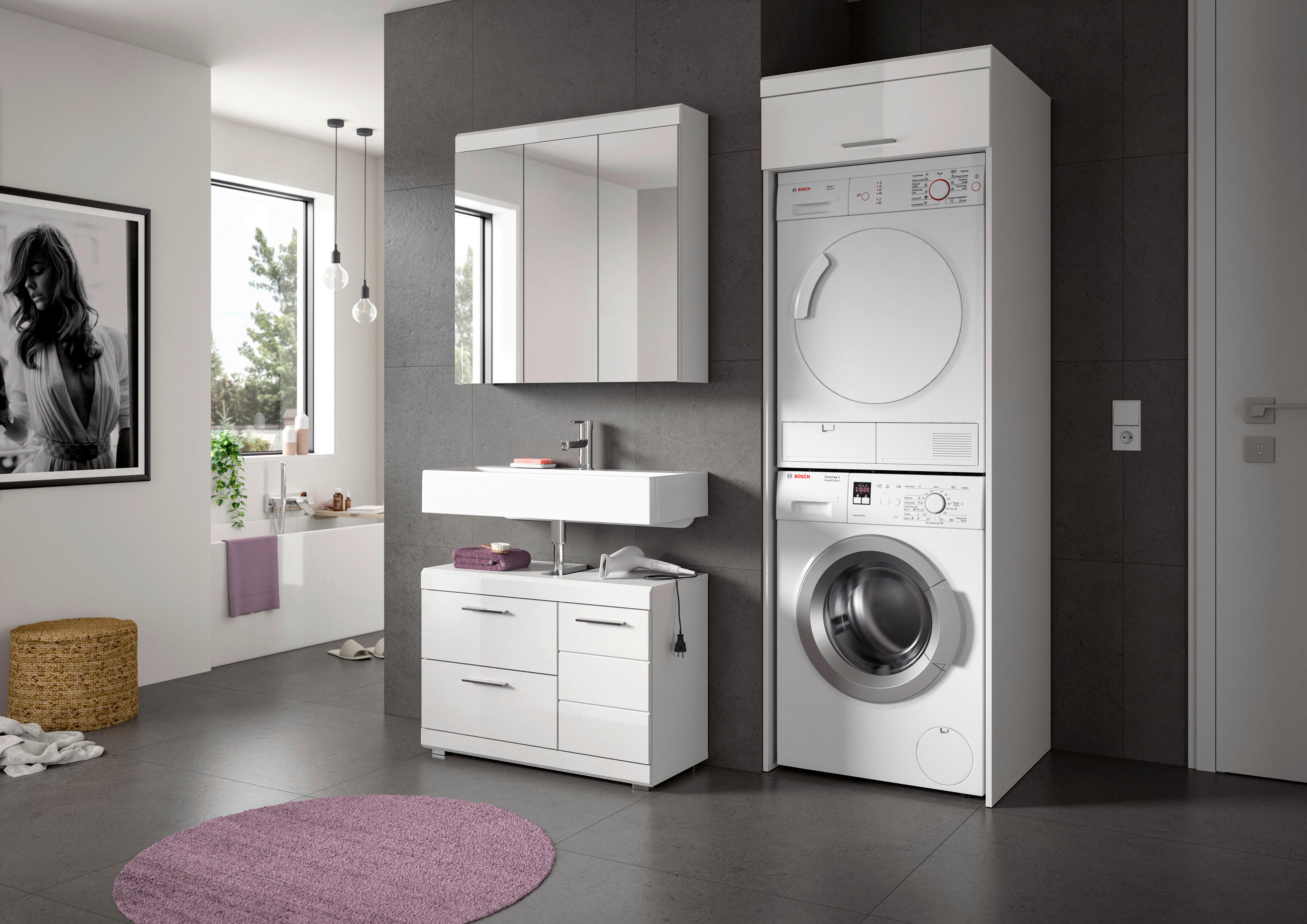 BADEZIMMER 3-teilig  in 161 cm  - Weiß Hochglanz/Silberfarben, Trend, Glas/Holzwerkstoff (161cm) - MID.YOU