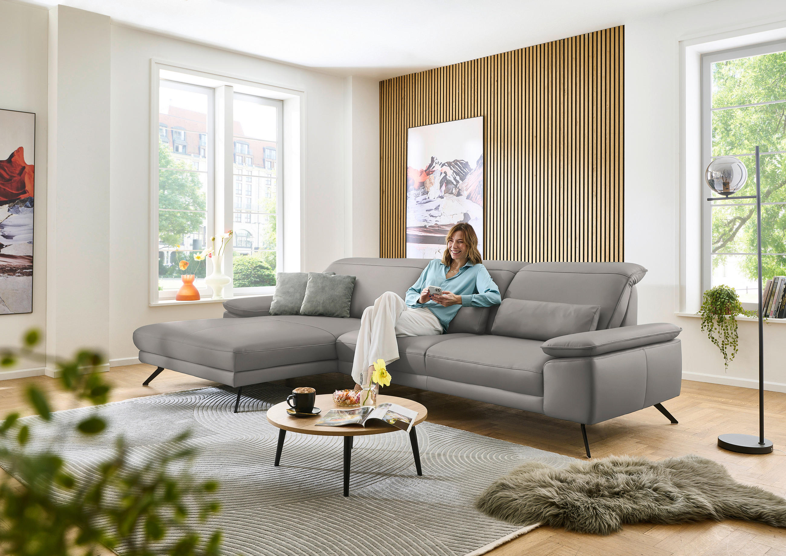 ECKSOFA in Echtleder Hellgrau  193/332 cm  - Hellgrau/Schwarz, Design, Leder/Metall (193/332cm) - Dieter Knoll