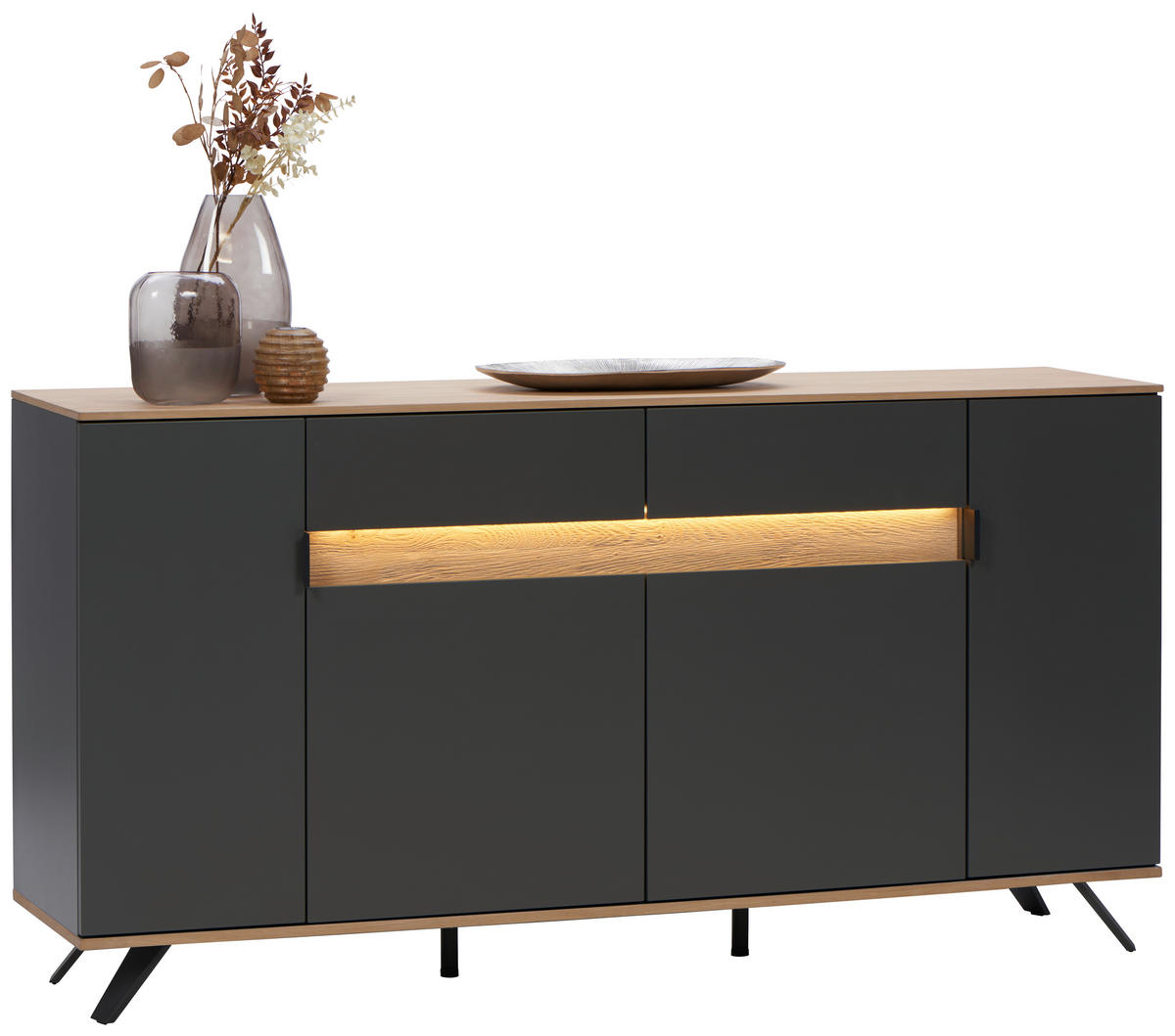 ŠIROKÁ KOMODA, antracitová, barvy dubu, 180,6/82/42 cm - černá/barvy dubu, Moderní, kov/kompozitní dřevo (180,6/82/42cm) - Dieter Knoll